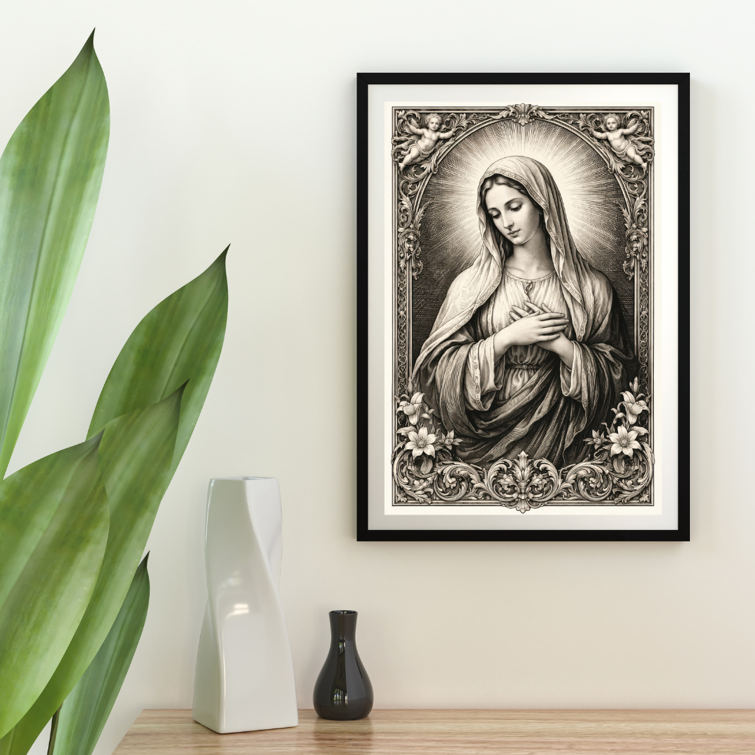Vintage Virgin Mary Illustration Satin Poster | Antique Marian Prayer Wall Art