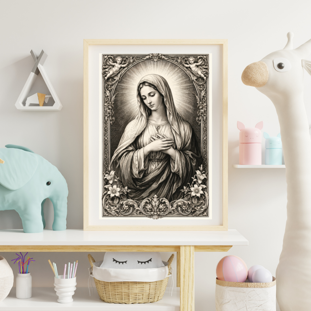 Vintage Virgin Mary Illustration Satin Poster | Antique Marian Prayer Wall Art