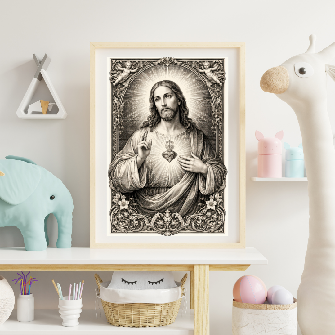 Vintage Jesus Christ Sacred Heart Illustration Poster | Antique Religious Prayer Wall Art