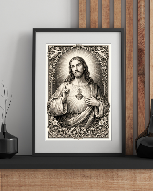 Vintage Jesus Christ Sacred Heart Illustration Poster | Antique Religious Prayer Wall Art