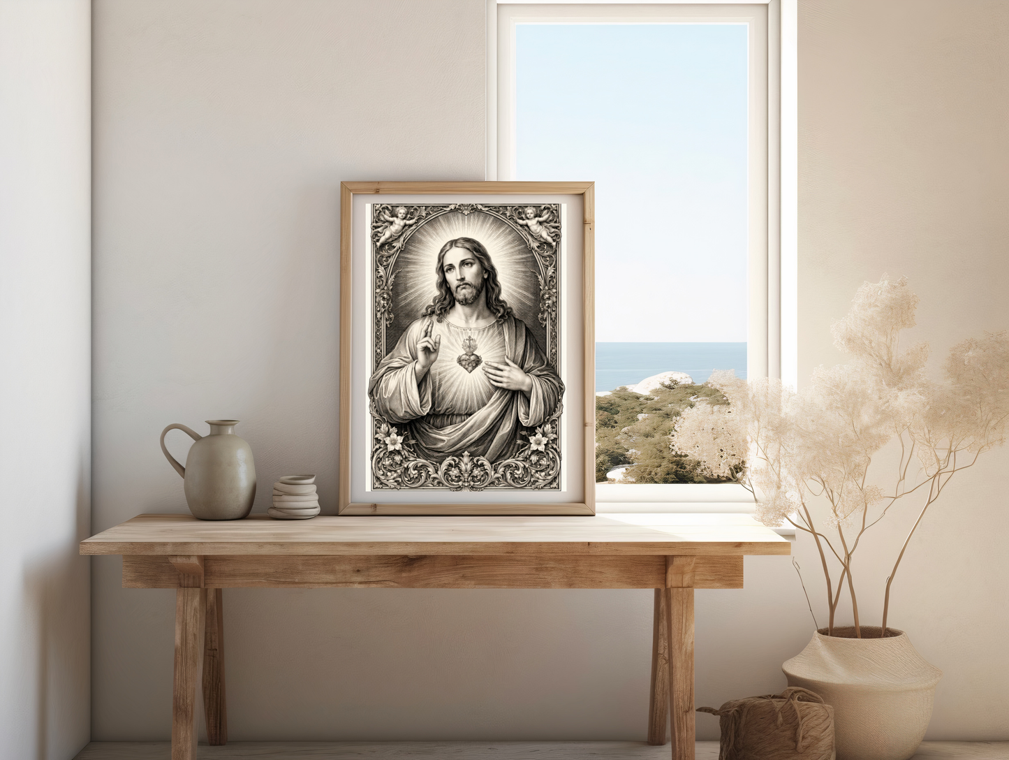 Vintage Jesus Christ Sacred Heart Illustration Poster | Antique Religious Prayer Wall Art