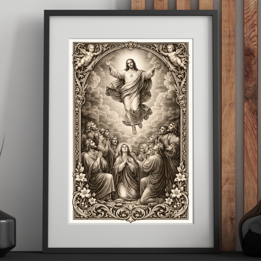 Ascension of Jesus Christ Satin Poster | Vintage Biblical Engraving, Christian Religious Art