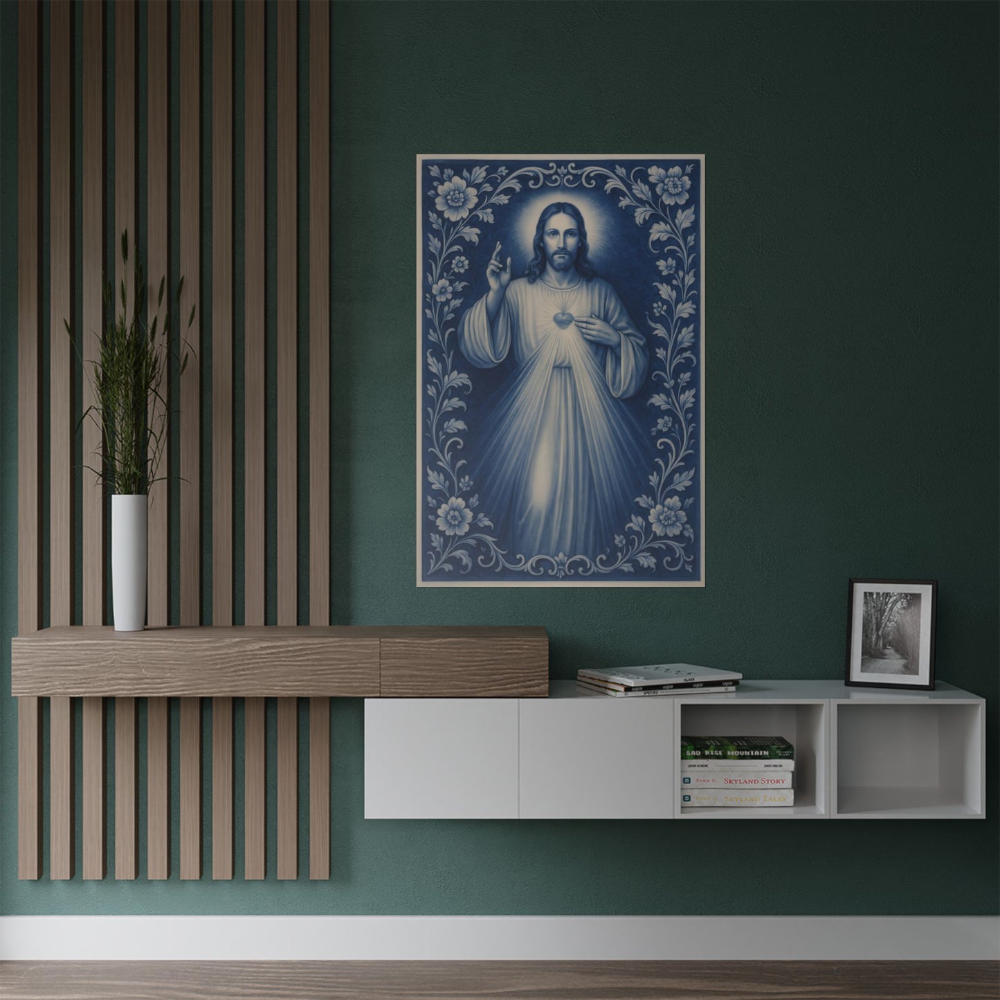 Divine Mercy of Jesus Blue Chinoiserie Satin Poster Wall Art, Catholic Christian Print, Delft Porcelain Inspired Decor, Sacred Heart