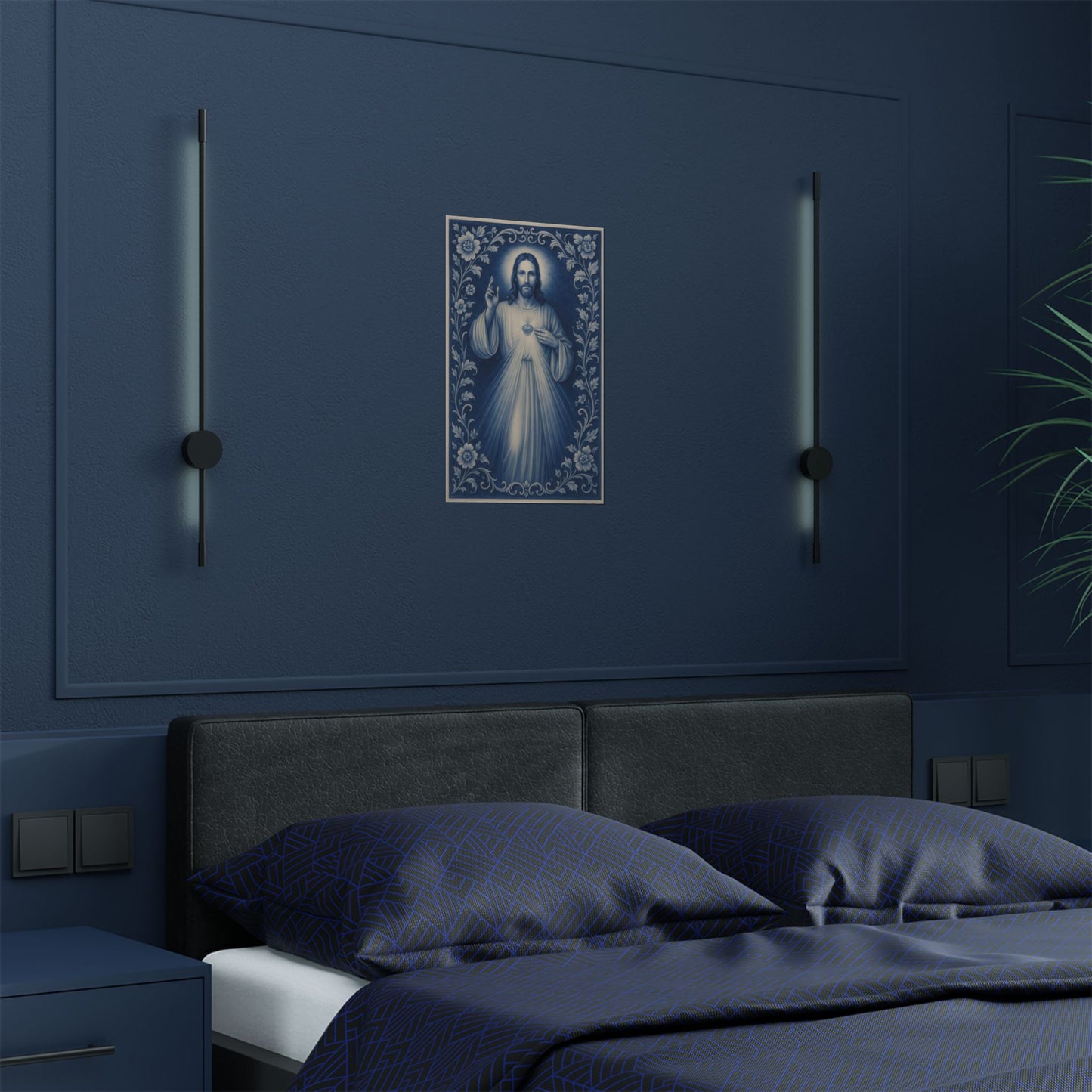 Divine Mercy of Jesus Blue Chinoiserie Satin Poster Wall Art, Catholic Christian Print, Delft Porcelain Inspired Decor, Sacred Heart
