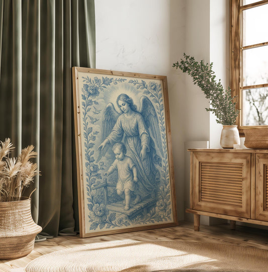 Guardian Angel Catholic Art Print: Christian Wall Poster Soft Blue Chinoiserie Home Decor, Faith Gift (Instant Digital Download)