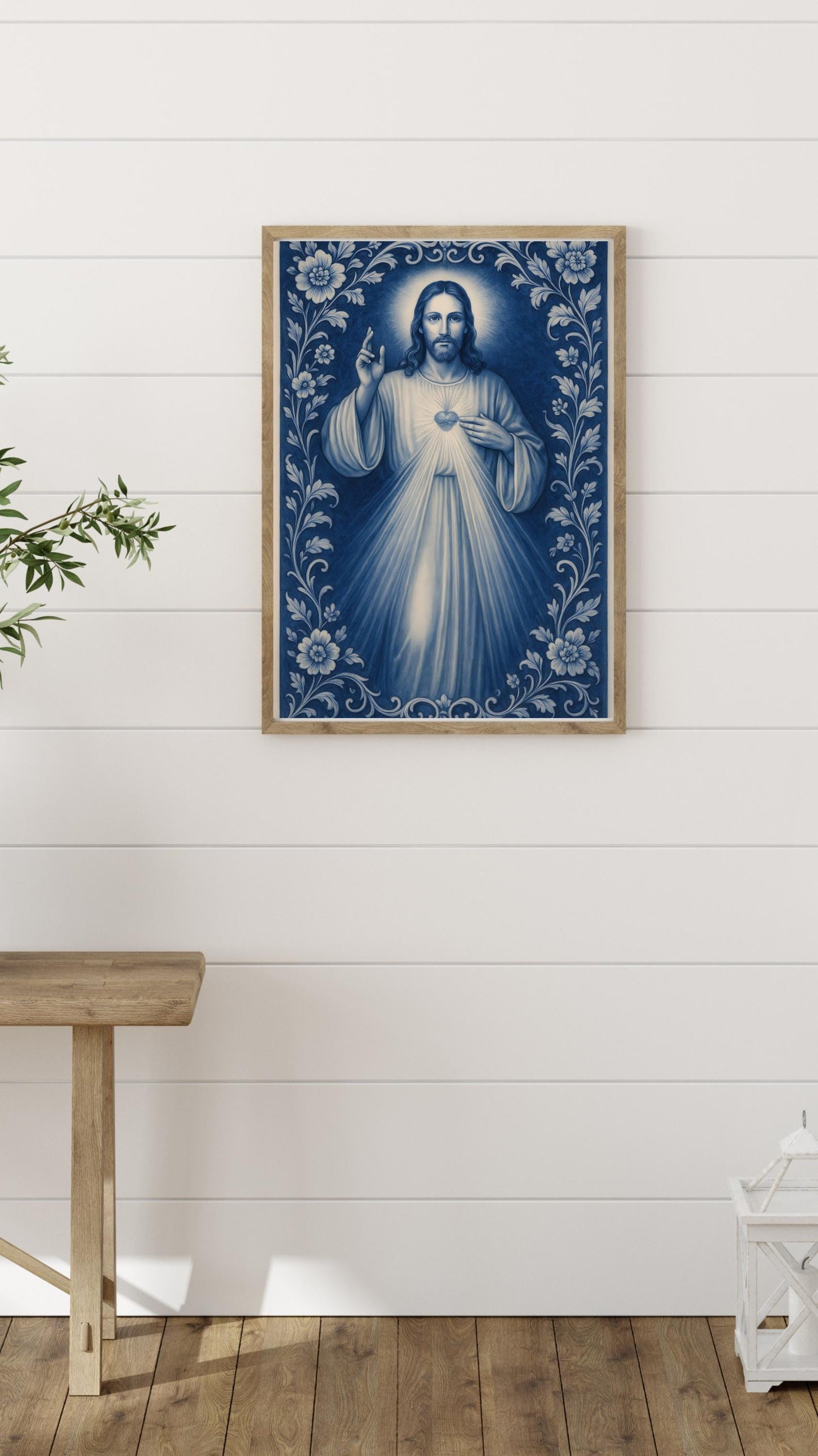 Divine Mercy Print: Blue Chinoiserie Sacred Heart Catholic Christian Wall Art ⬇️ Digital Download