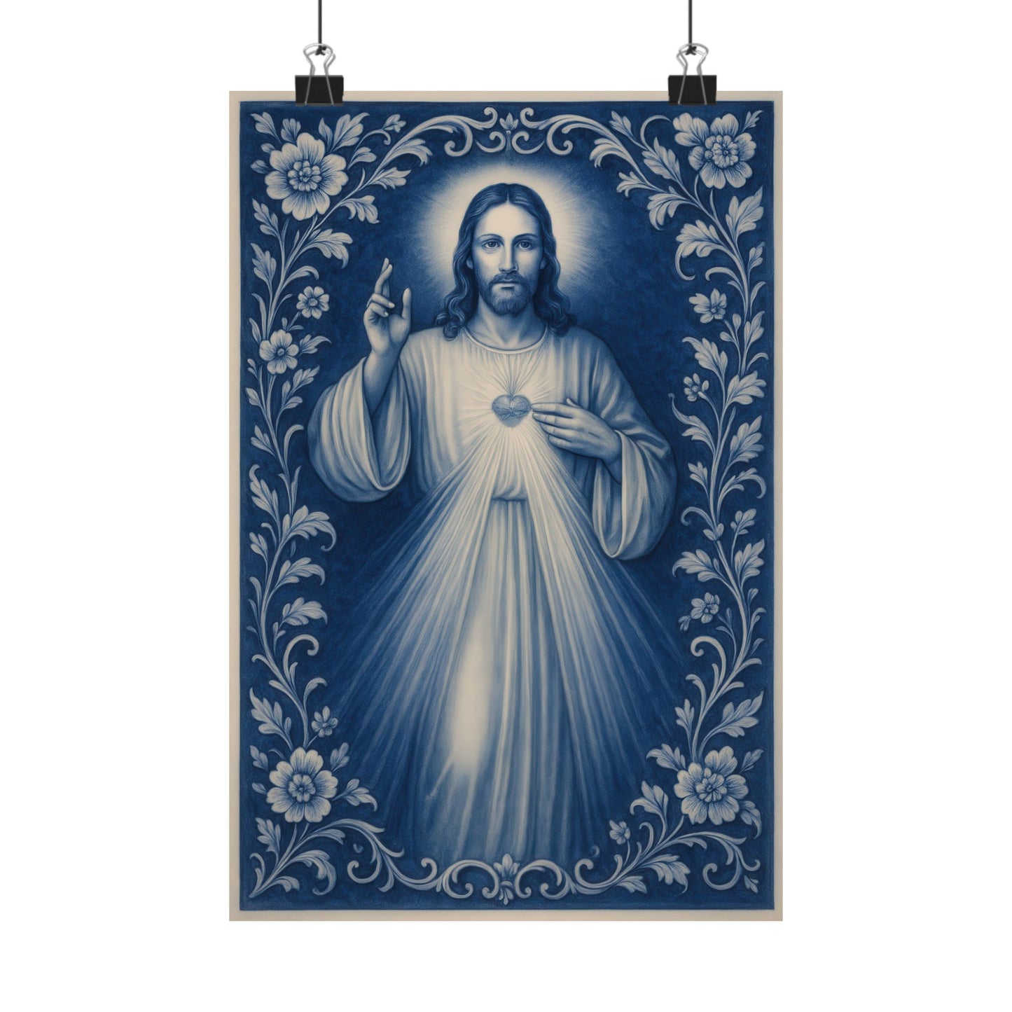 Divine Mercy of Jesus Blue Chinoiserie Satin Poster Wall Art, Catholic Christian Print, Delft Porcelain Inspired Decor, Sacred Heart