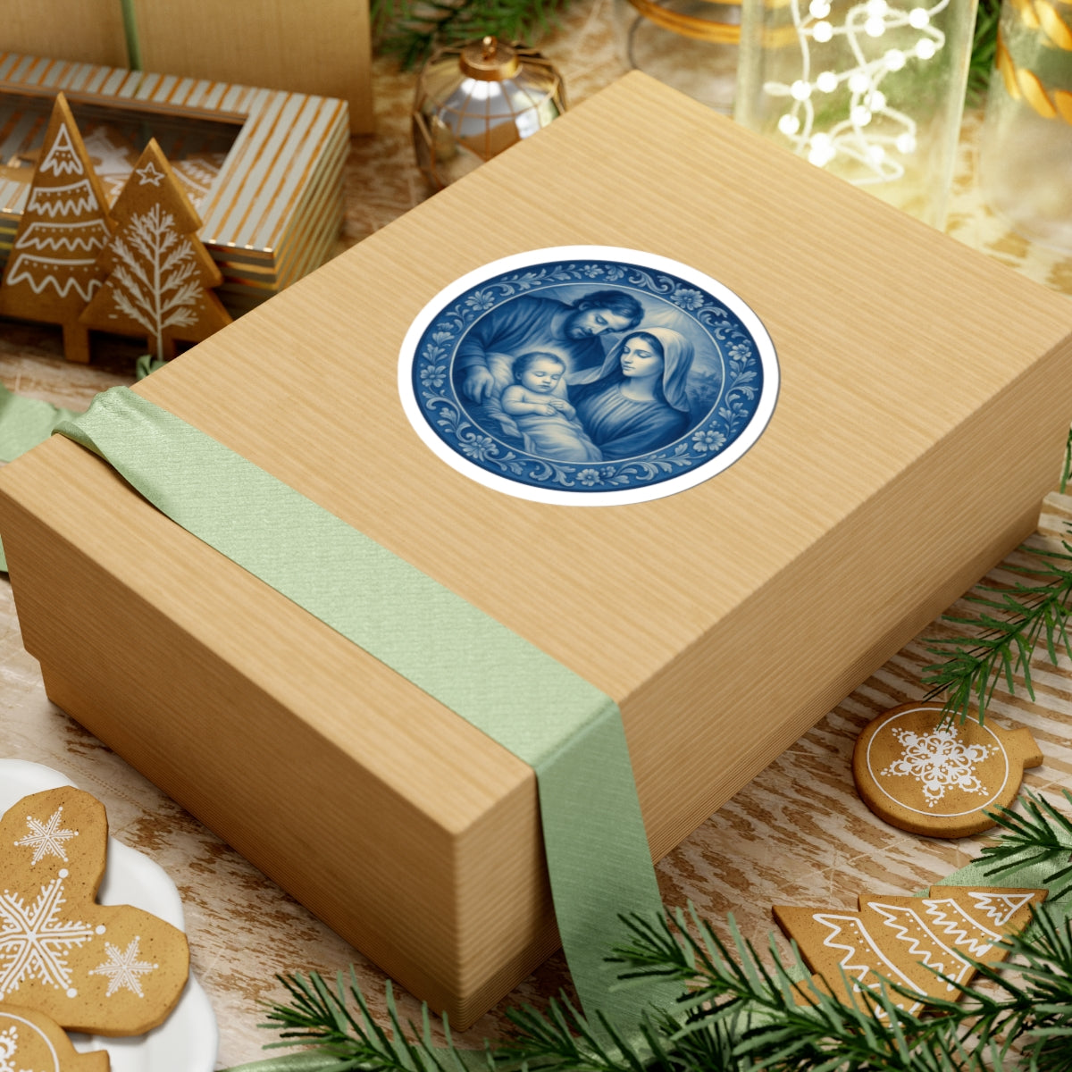Holy Family Nativity Scene, Chinoiserie Kiss-Cut Stickers, Blue and White Christmas Decals, Religious Holiday Decor, Laptop Craft Supplies.