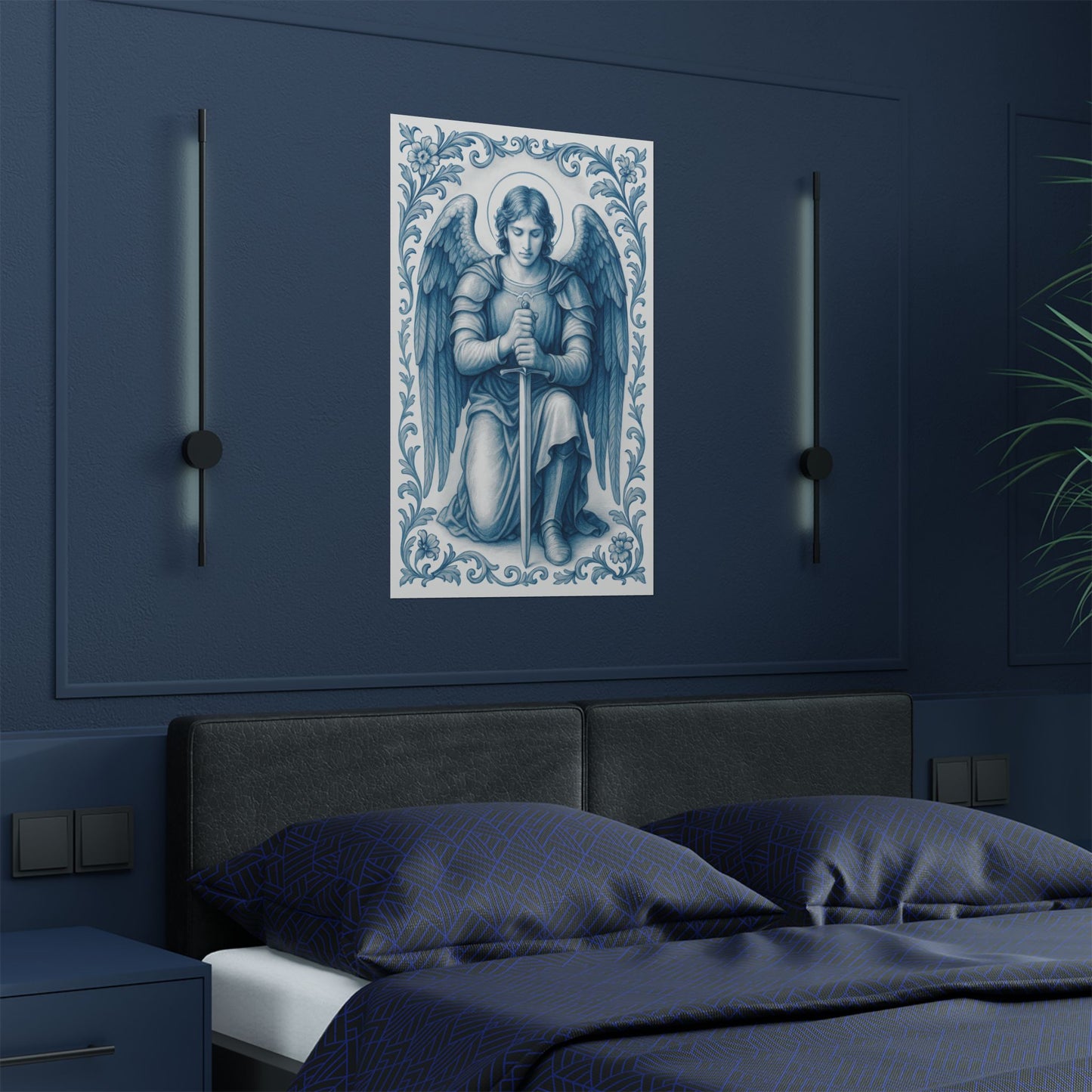 Saint Michael Catholic Christian Decor, Religious Satin Poster, Soft Blue Chinoiserie Wall Art Print, Confirmation, Nursery, Christmas gift