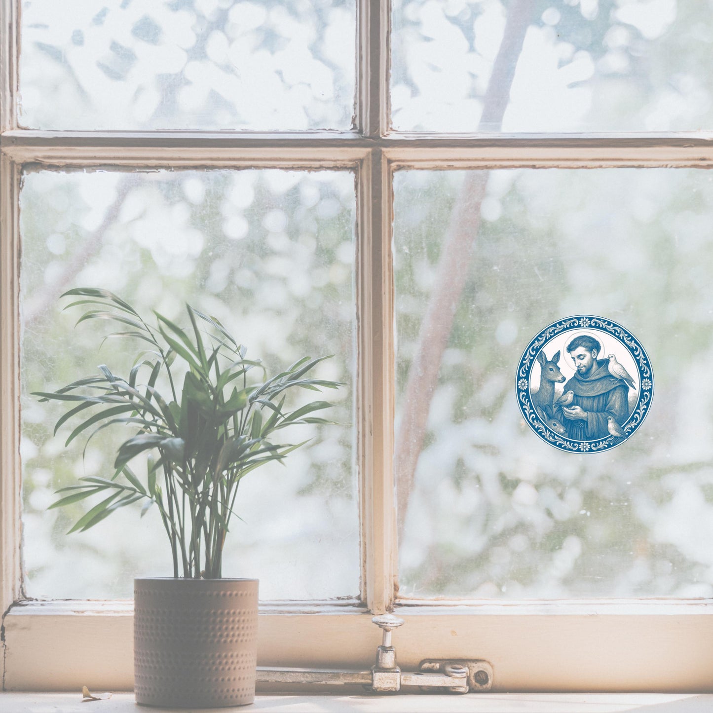 St. Francis of Assisi Sticker: Chinoiserie Blue and White, Animal Lover Gift