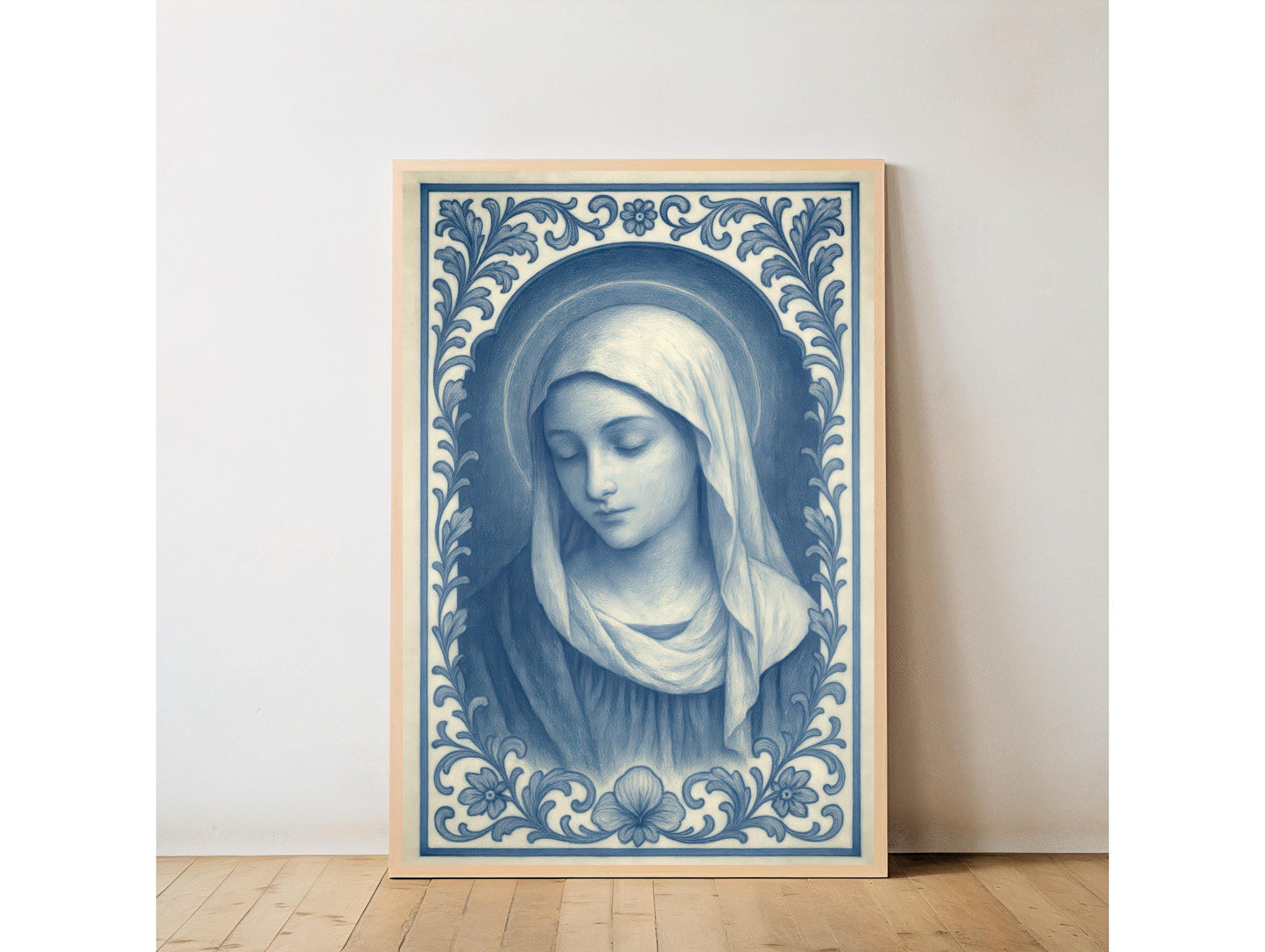 Virgin Mary Chinoiserie Art Print: Blue & White Catholic Christian Wall Art Decor ⬇️ Digital Download