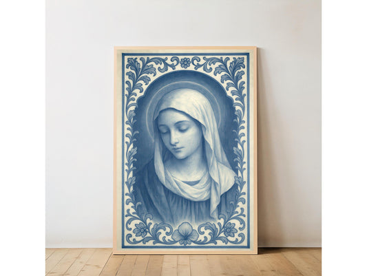 Virgin Mary Chinoiserie Art Print: Blue & White Catholic Christian Wall Art Decor ⬇️ Digital Download