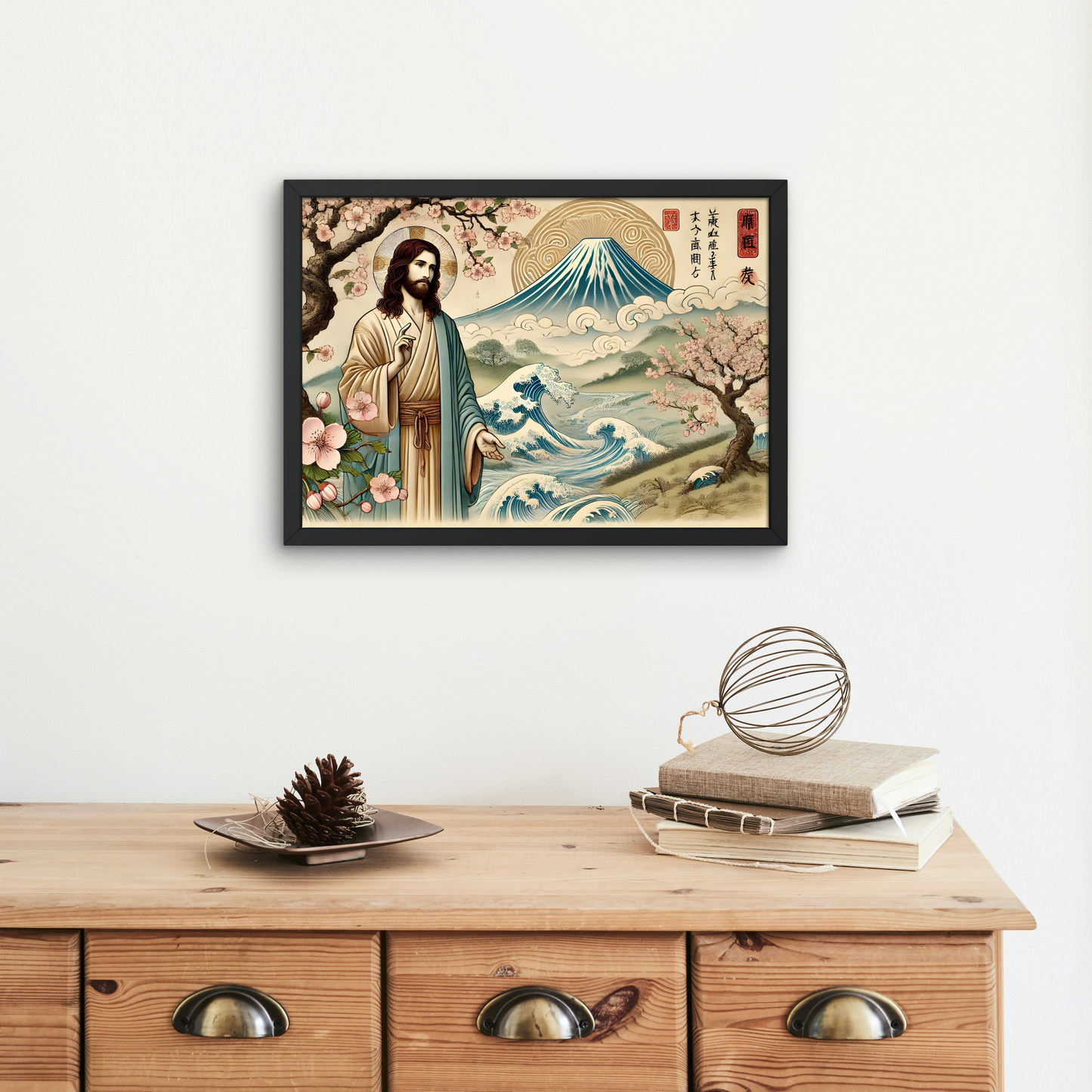 Jesus and Mt. Fuji Wall Art poster, Spiritual Decor, Asian Art Print, Unique Gift