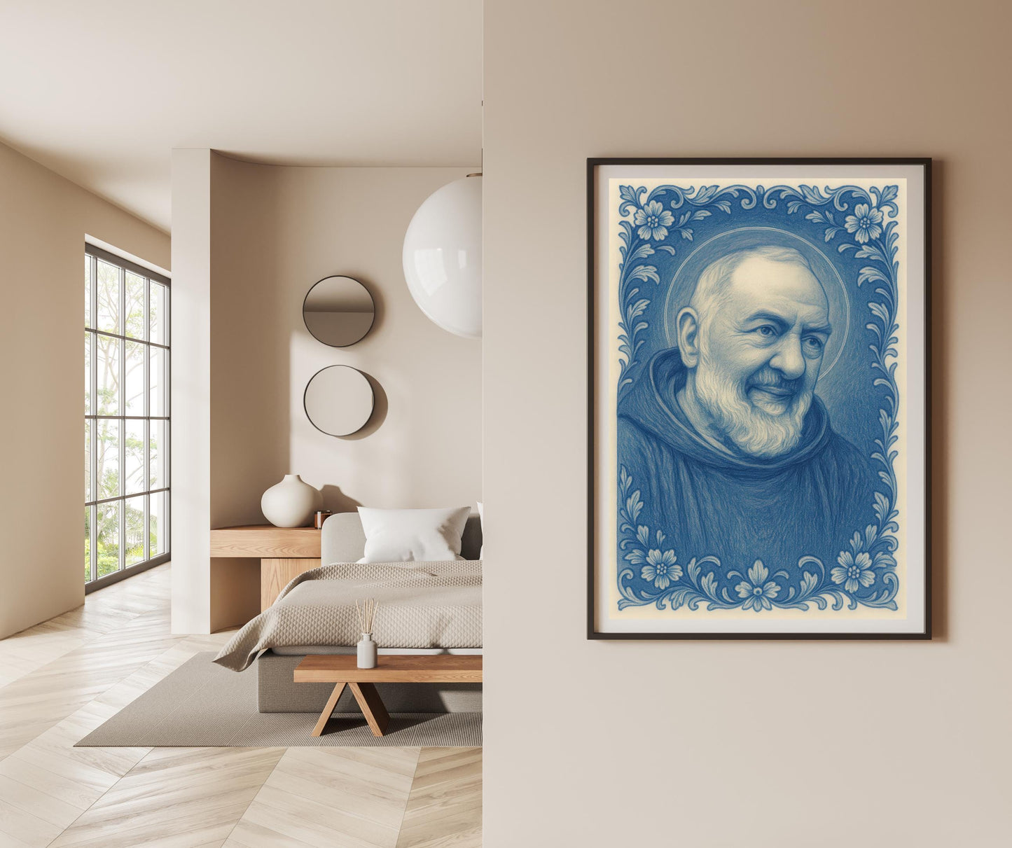 Saint Padre Pio Chinoiserie Art: Catholic Icon with Baroque Floral Border, Christian Wall Art ⬇️ Digital Download