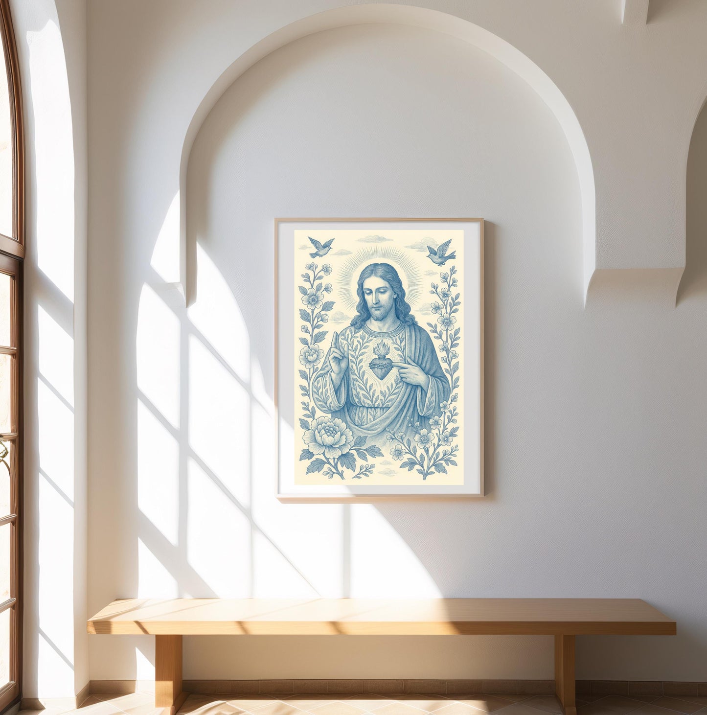 Sacred Heart and Divine Mercy of Jesus: Blue and White Chinoiserie Catholic Christian Wall Art ⬇️ Digital Download