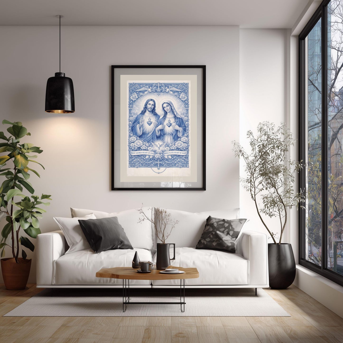 Impression Sacrés Cœurs de Jésus et Marie | Art catholique Chinoiserie bleue (Téléchargement numérique)