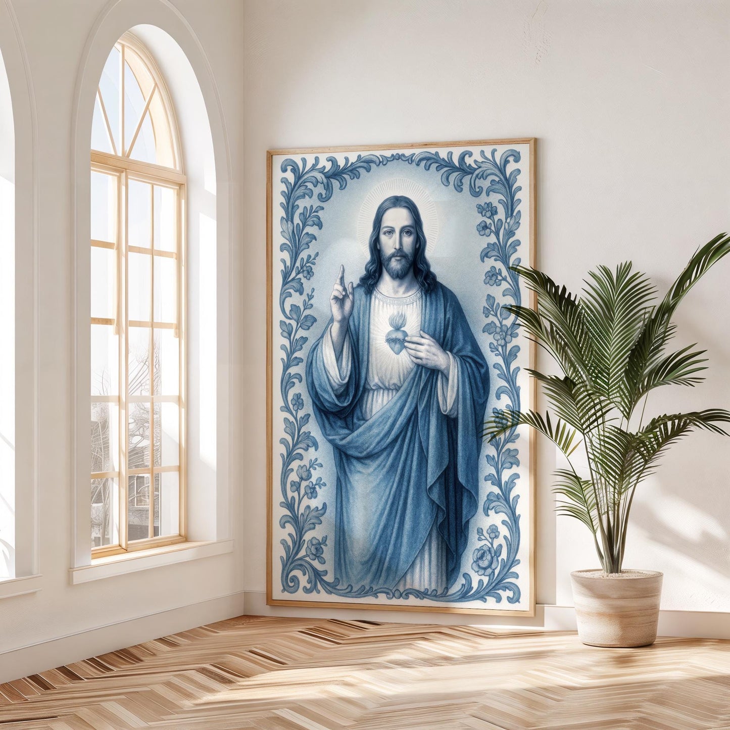Jesus Christ Art Print: Sacred Heart Blue Chinoiserie Style Catholic Christian Wall Art, Holiday, Confirmation Gift ⬇️ Digital Download