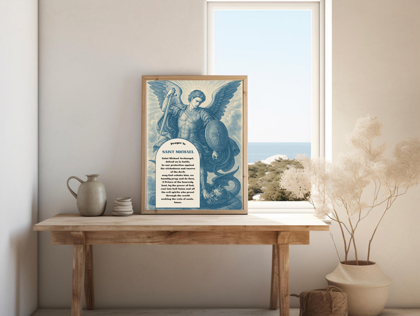 Archangel St Michael Prayer Print: Blue Chinoiserie Catholic Christian Wall Art ⬇️ Digital Download