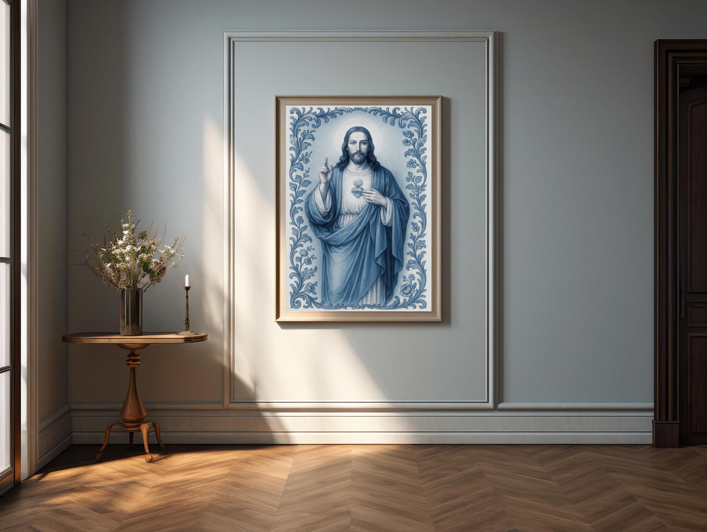 Jesus Christ Art Print: Sacred Heart Blue Chinoiserie Style Catholic Christian Wall Art, Holiday, Confirmation Gift ⬇️ Digital Download