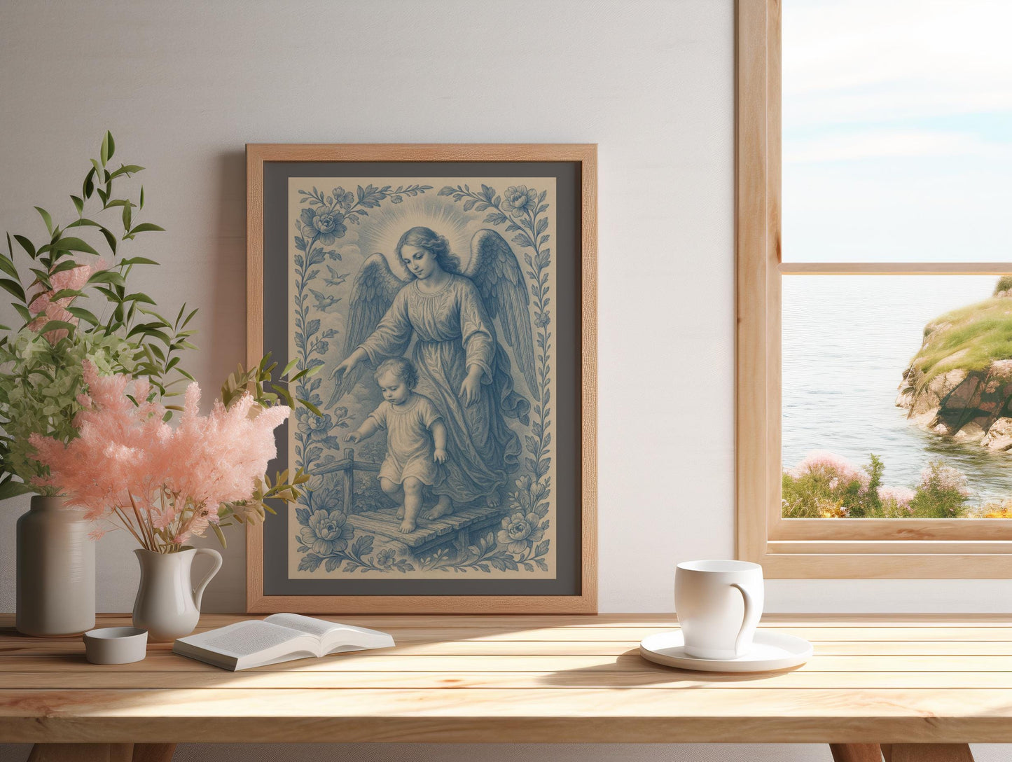 Guardian Angel Catholic Art Print: Christian Wall Poster Soft Blue Chinoiserie Home Decor, Faith Gift (Instant Digital Download)