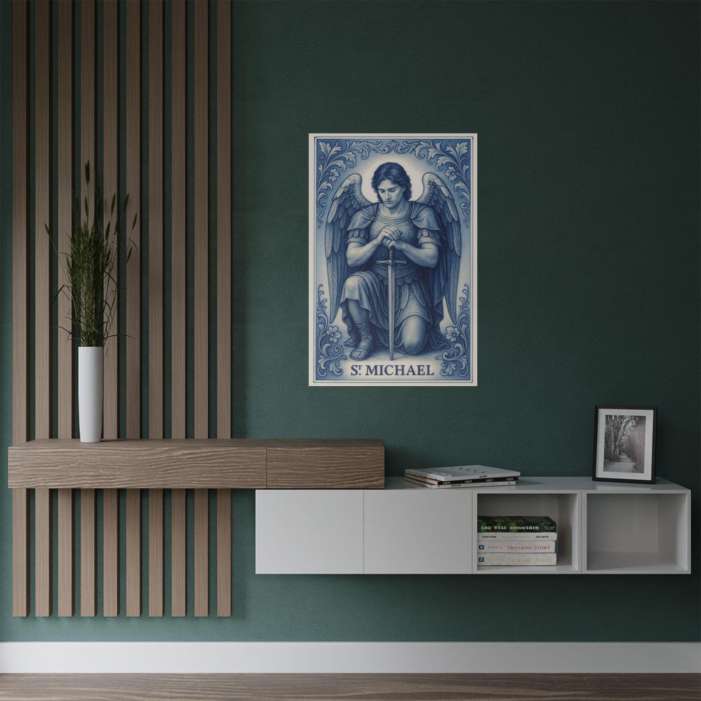 Saint Michael Satin Poster, Catholic Christian Home Decor, Chinoiserie Style Art Print