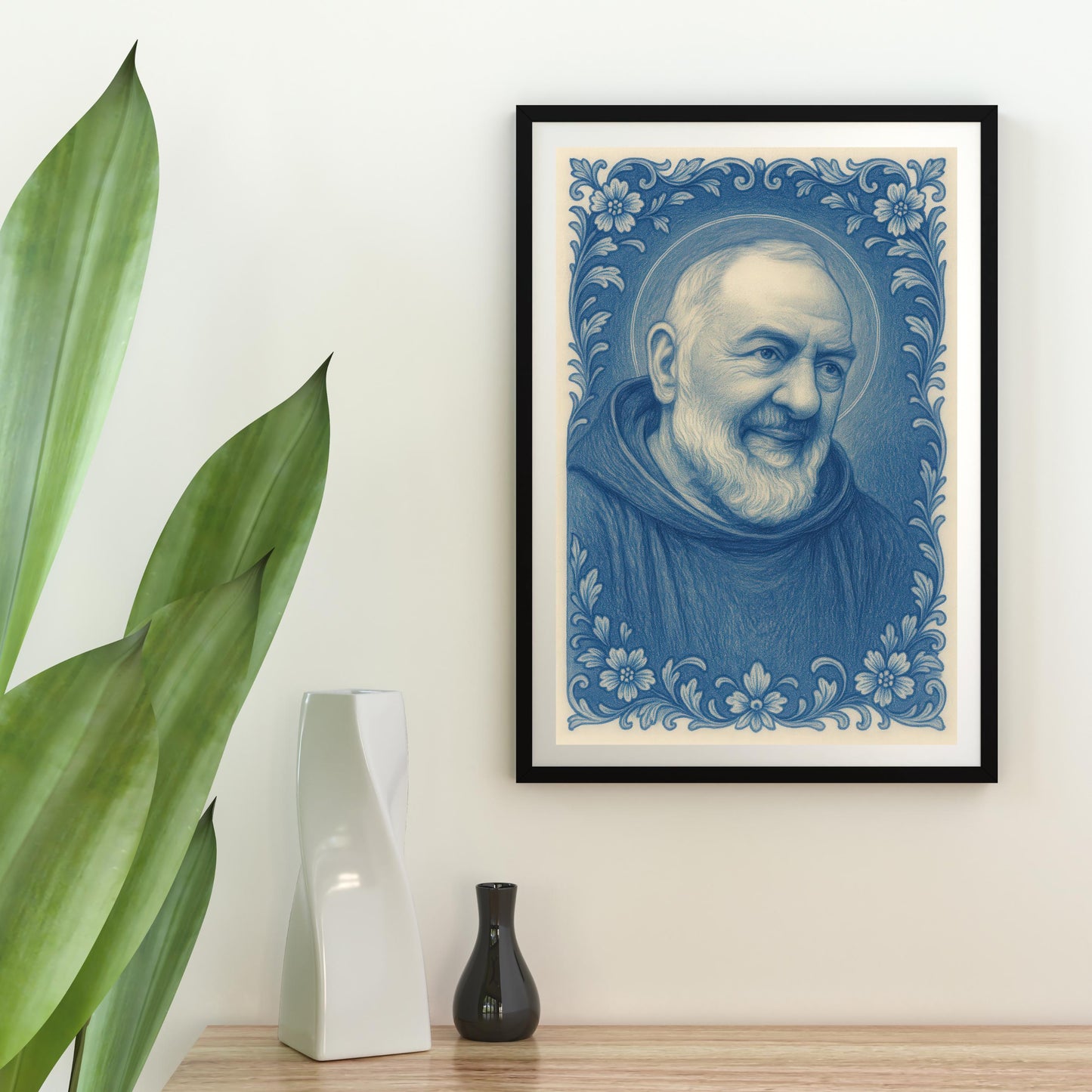 Saint Padre Pio Chinoiserie Art: Catholic Icon with Baroque Floral Border, Christian Wall Art ⬇️ Digital Download