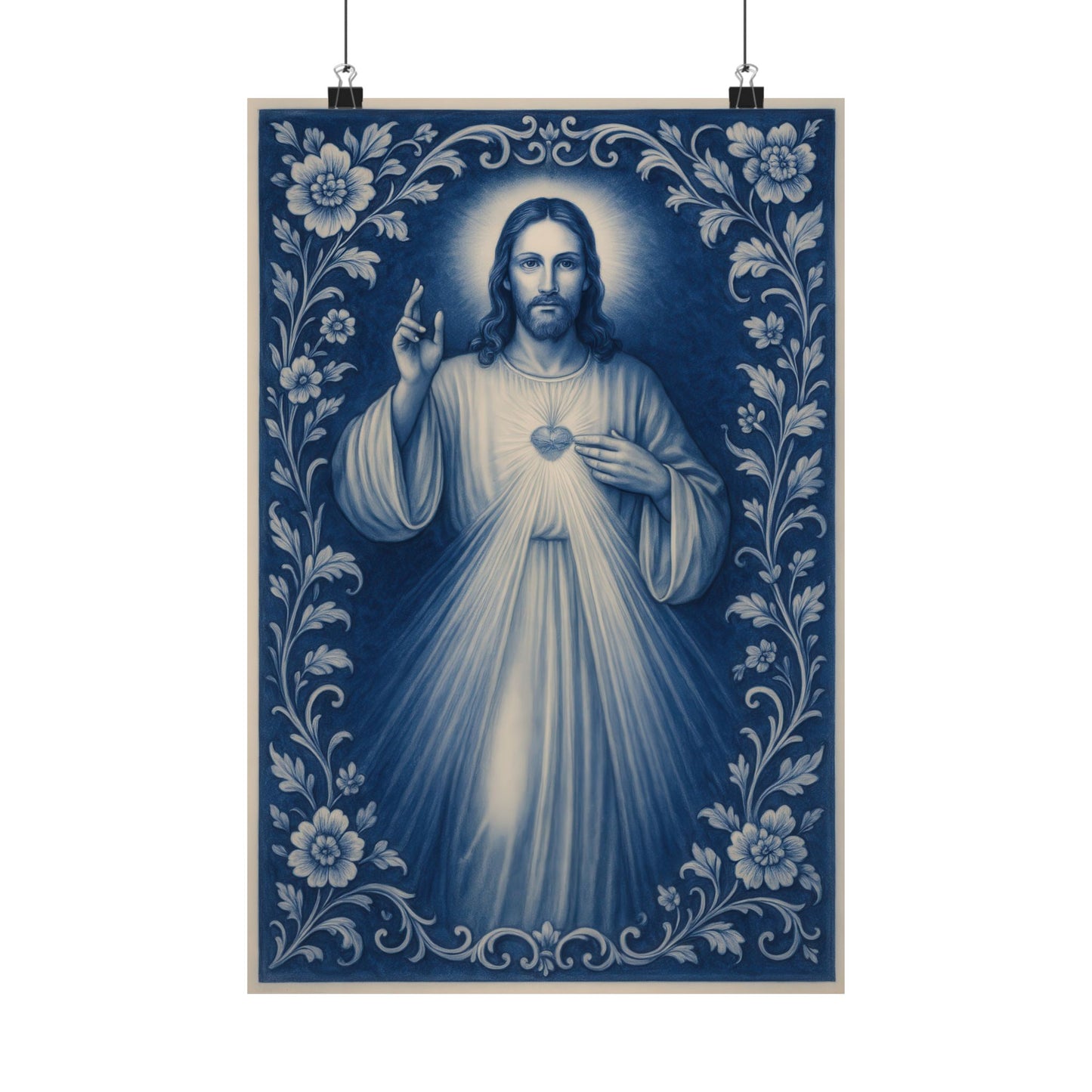 Divine Mercy of Jesus Blue Chinoiserie Satin Poster Wall Art, Catholic Christian Print, Delft Porcelain Inspired Decor, Sacred Heart