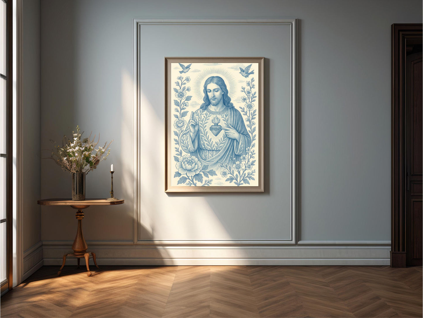Sacred Heart and Divine Mercy of Jesus: Blue and White Chinoiserie Catholic Christian Wall Art ⬇️ Digital Download
