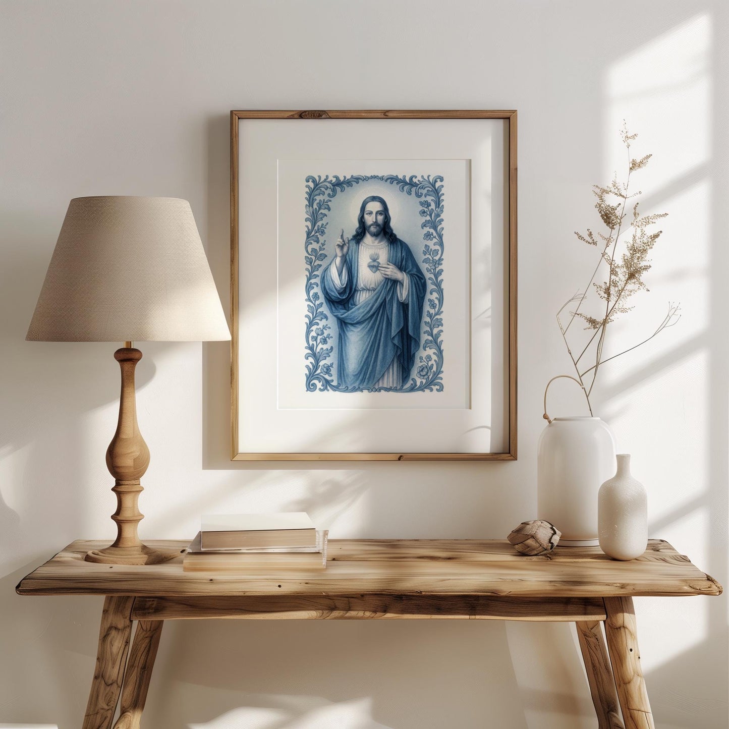 Jesus Christ Art Print: Sacred Heart Blue Chinoiserie Style Catholic Christian Wall Art, Holiday, Confirmation Gift ⬇️ Digital Download