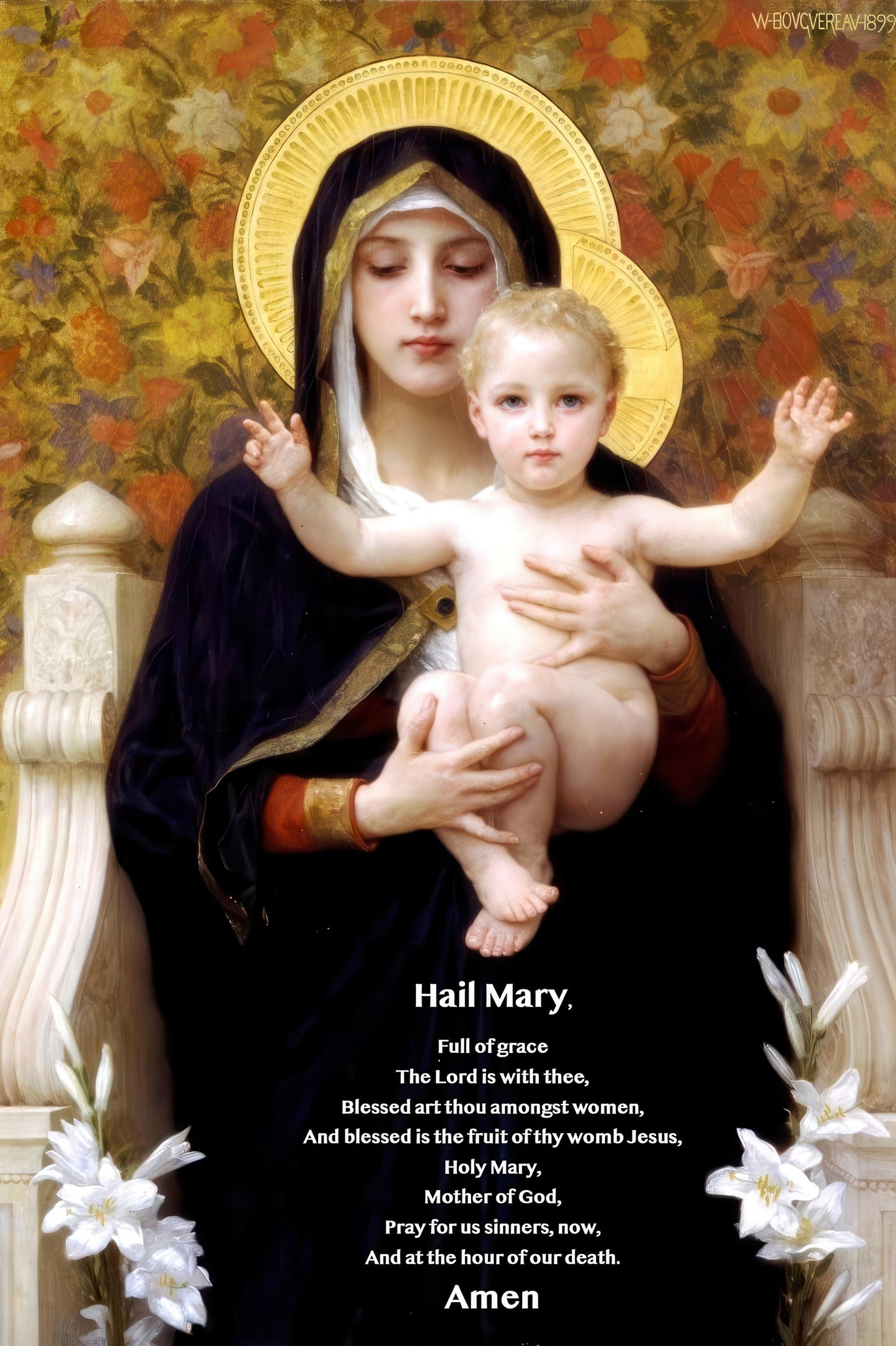 Hail Mary Prayer Art Print: Madonna of the Lilies, Christian Wall Art ⬇️ Digital Download