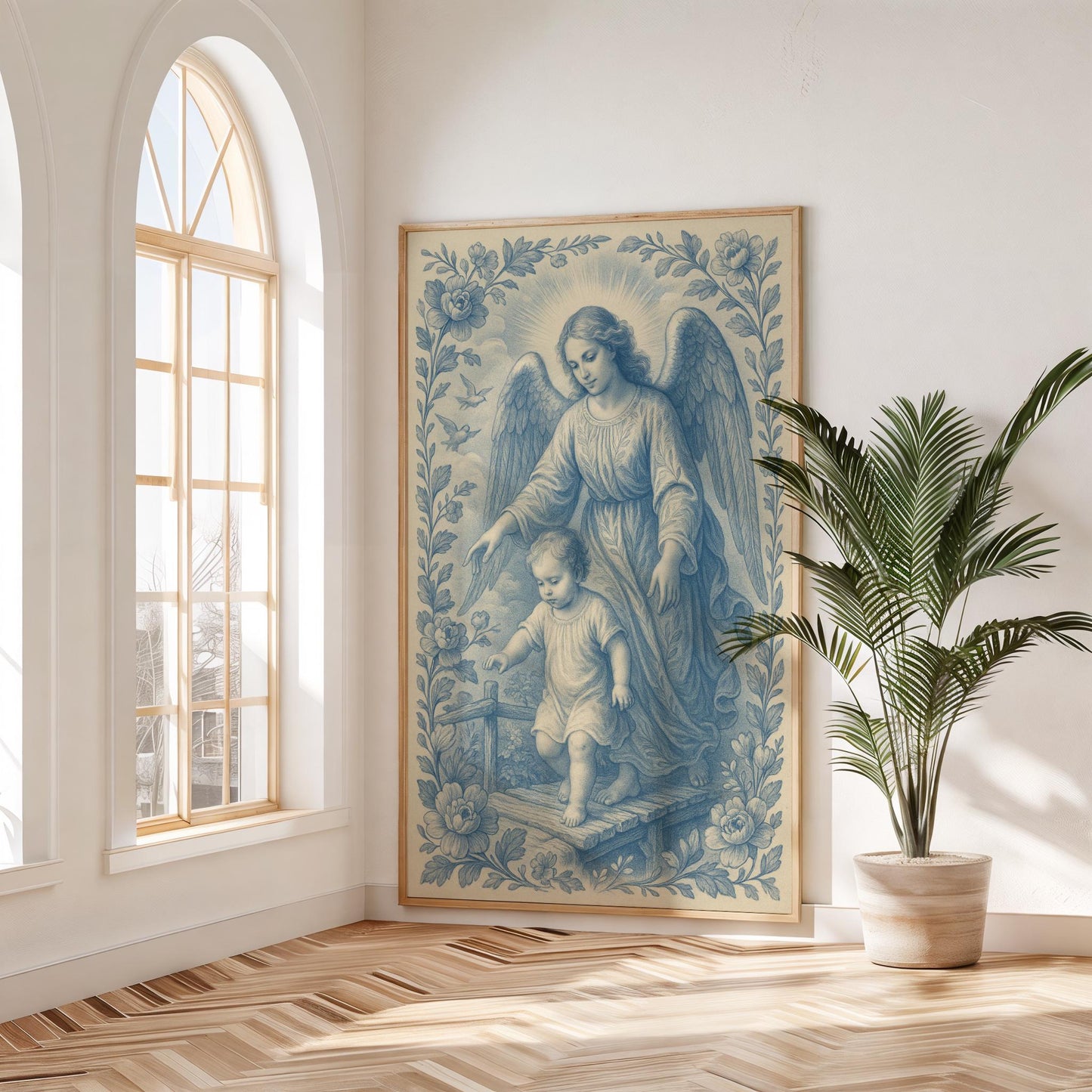 Guardian Angel Poster Art: Blue Chinoiserie Christian Wall Art, Satin Finish, Catholic Christian Family Home Decor, nursery gift