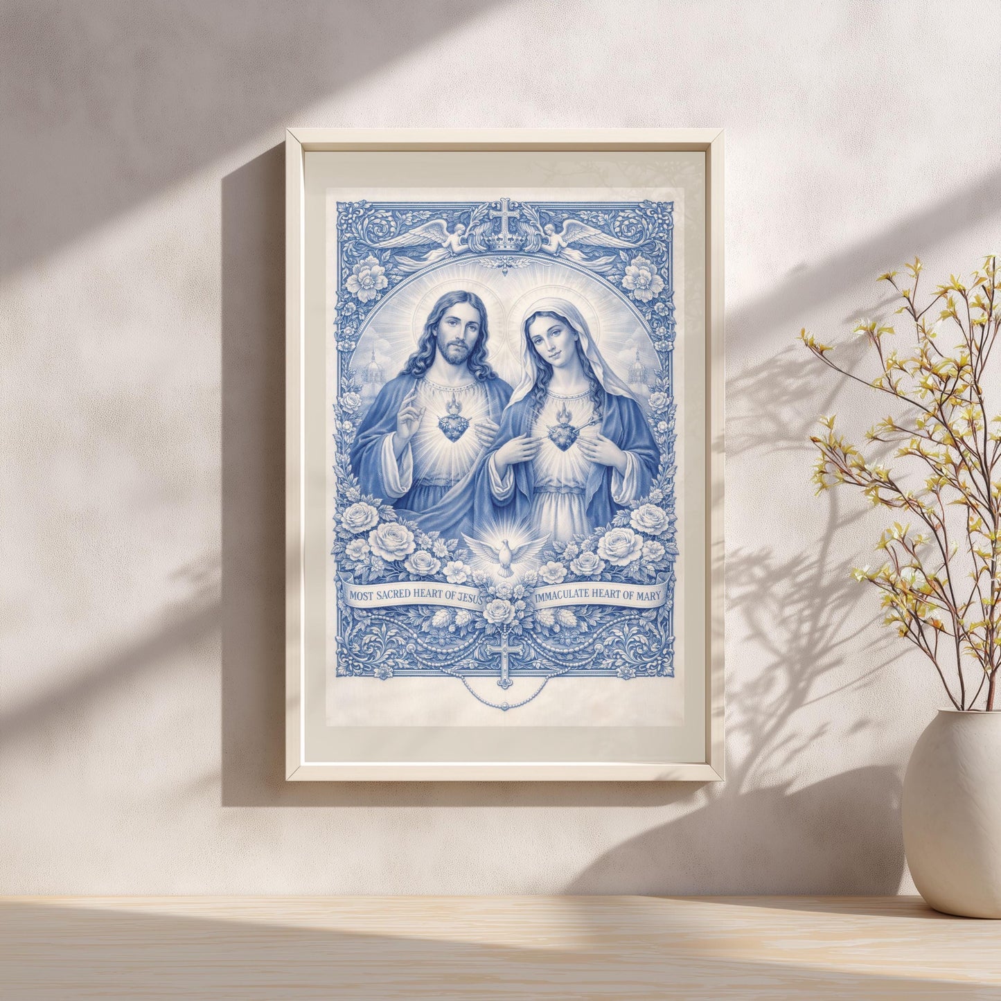 Impression Sacrés Cœurs de Jésus et Marie | Art catholique Chinoiserie bleue (Téléchargement numérique)