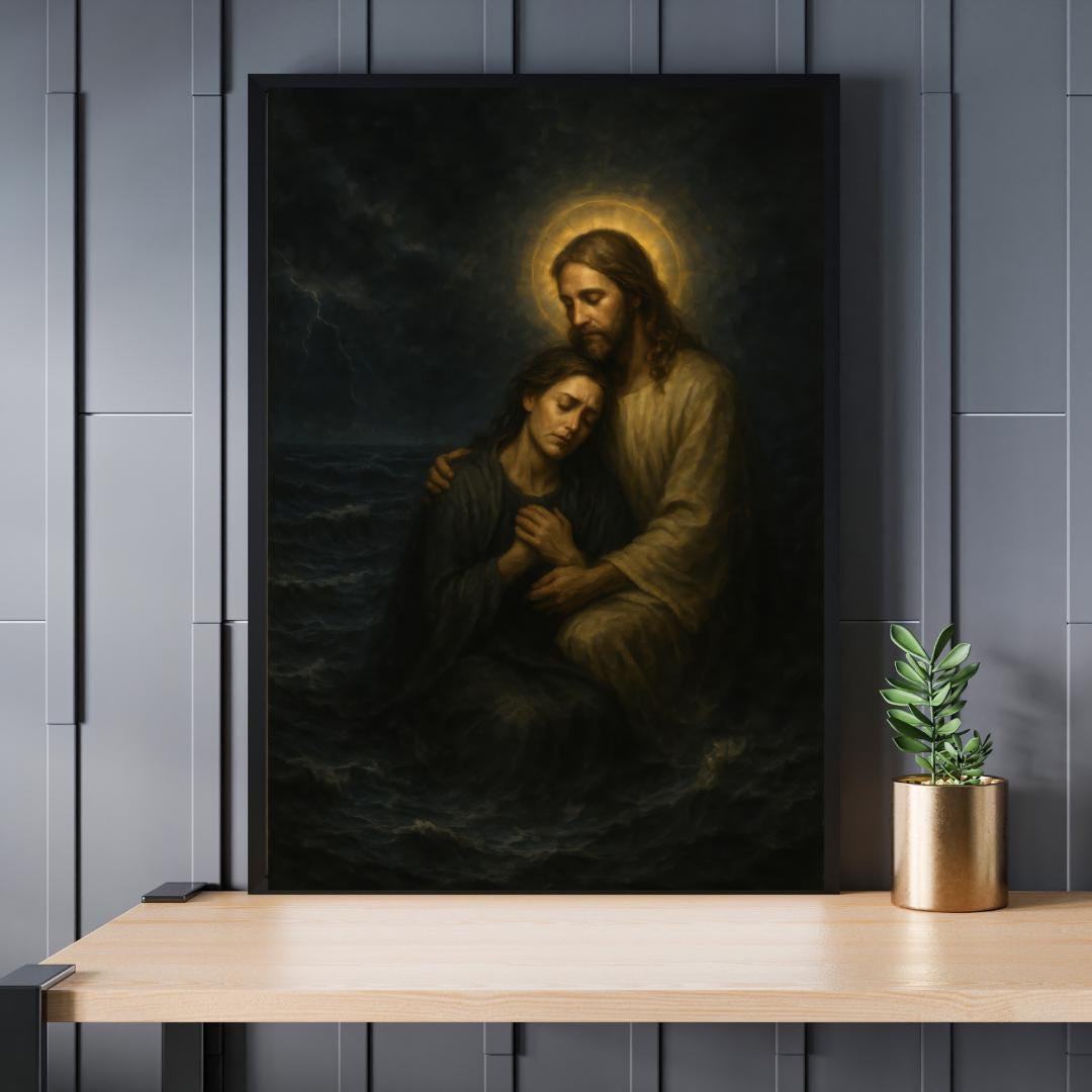 Jesus Christ Consoling a Woman in Stormy Sea: Christian Wall Art ⬇️ Digital Download