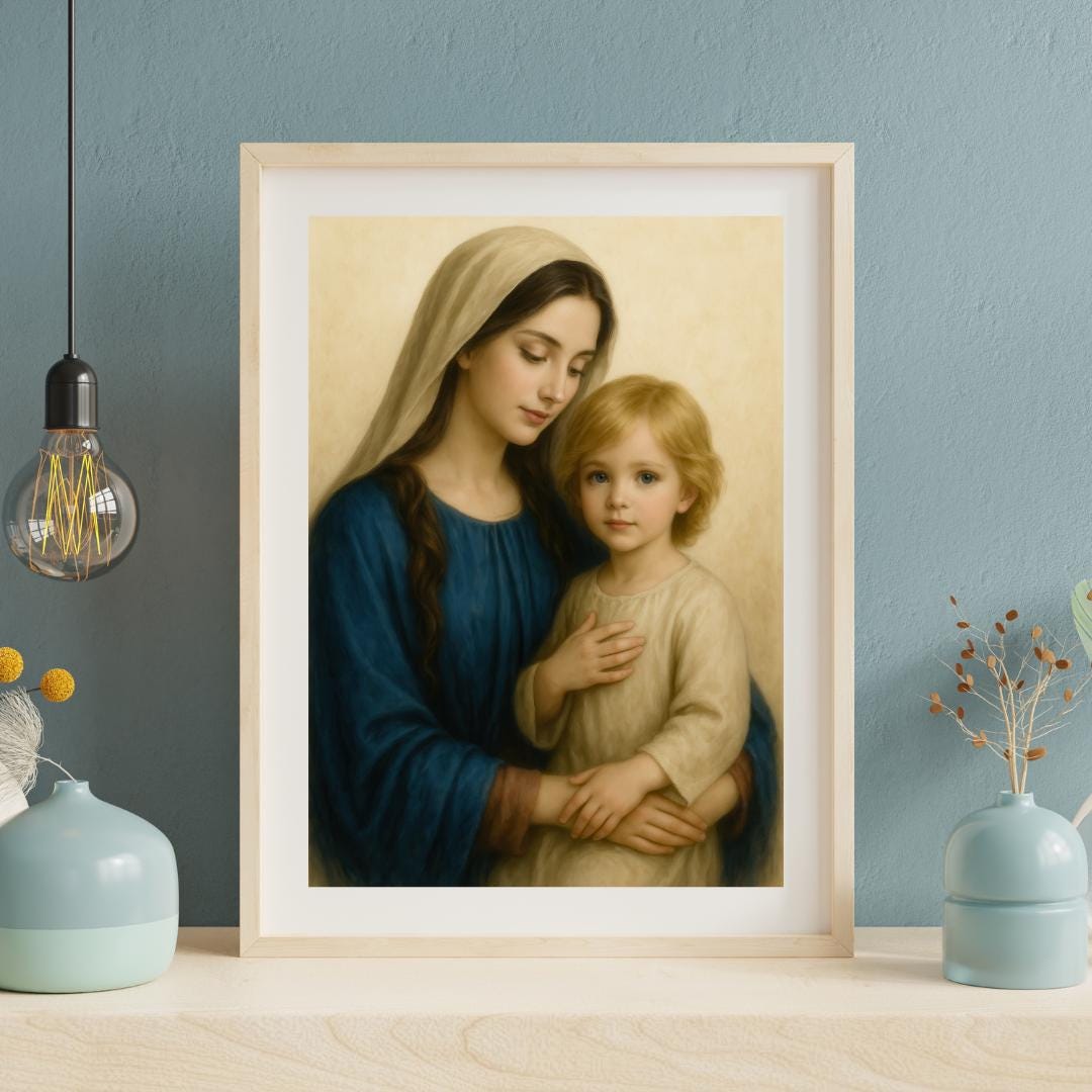 Virgin Mary and Young Jesus Art Print: Catholic Christian Wall Art of the Holy Family ⬇️ Digital Download