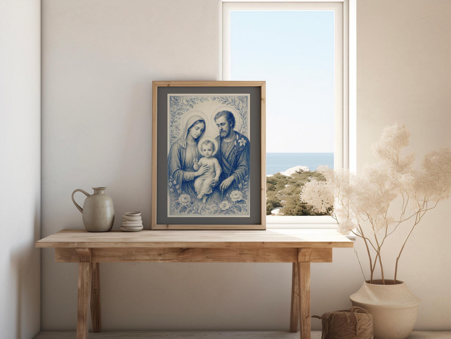 Holy Family Art Print: Chinoiserie Delft Style, Religious Christian Wall Art Decor, Home Decor, Family Faith Gift ⬇️ Digital Download