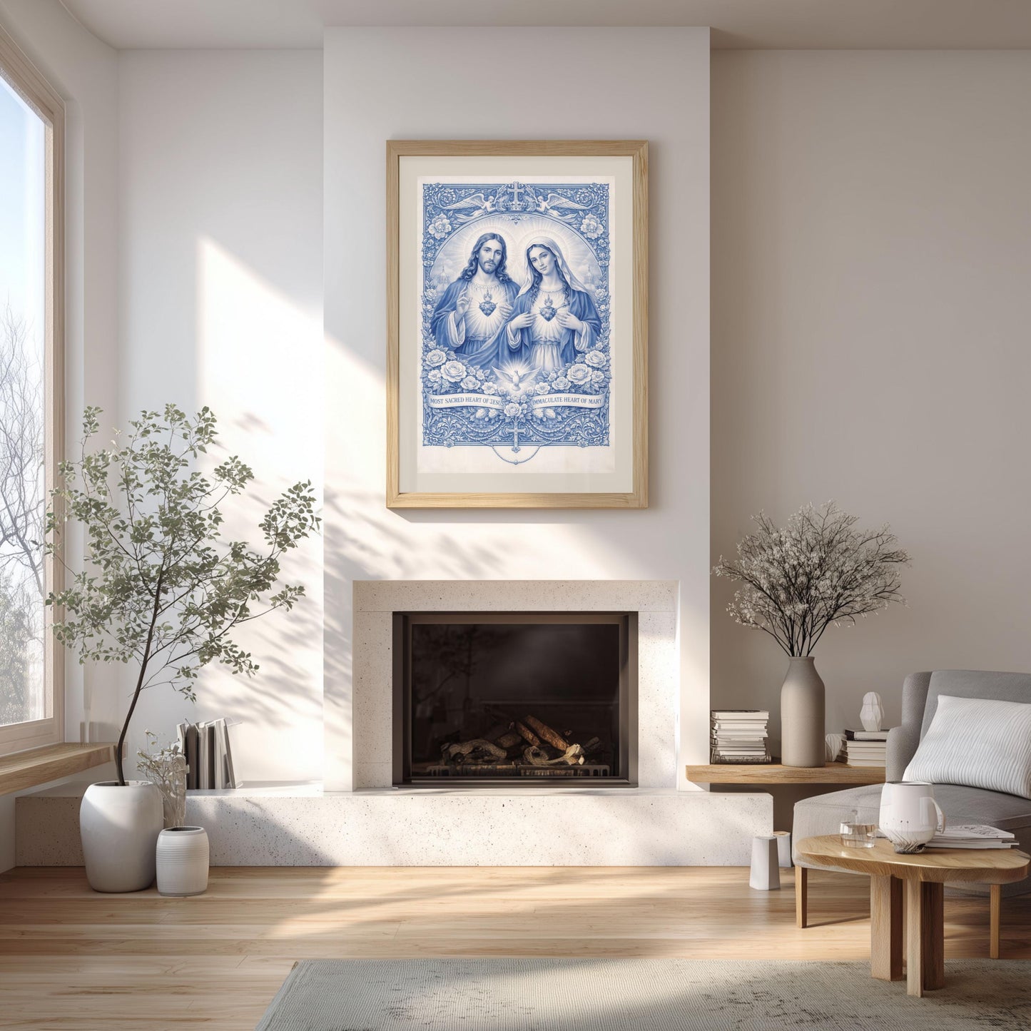 Impression Sacrés Cœurs de Jésus et Marie | Art catholique Chinoiserie bleue (Téléchargement numérique)