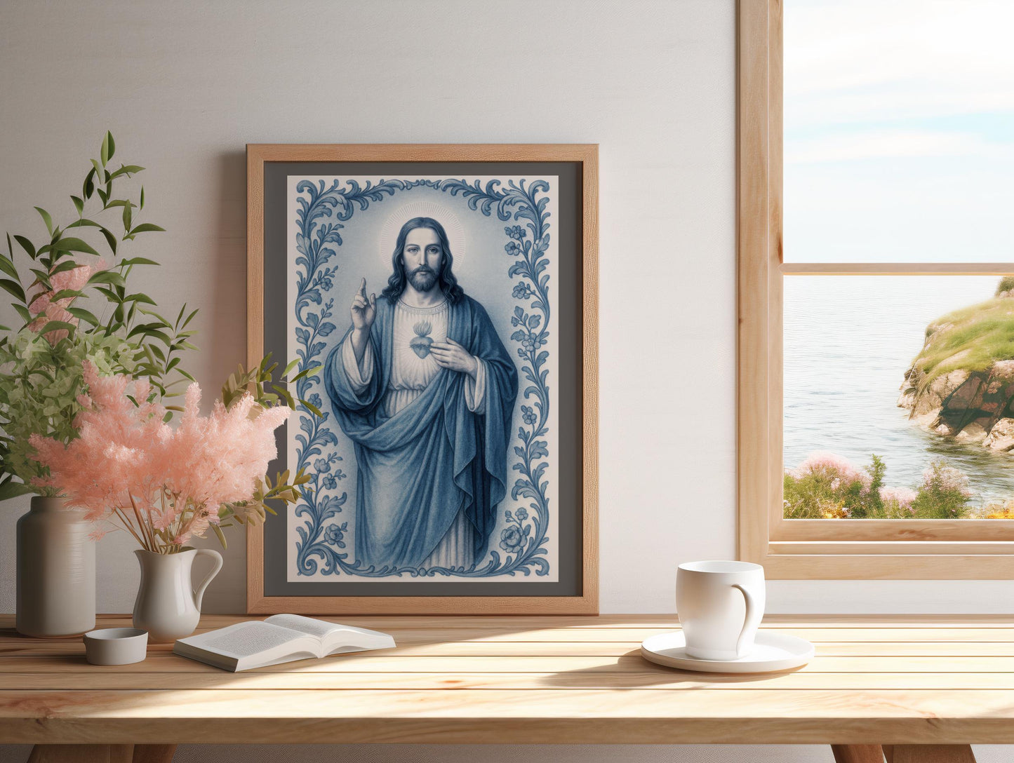 Jesus Christ Art Print: Sacred Heart Blue Chinoiserie Style Catholic Christian Wall Art, Holiday, Confirmation Gift ⬇️ Digital Download