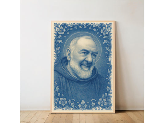 Saint Padre Pio Chinoiserie Art: Catholic Icon with Baroque Floral Border, Christian Wall Art ⬇️ Digital Download