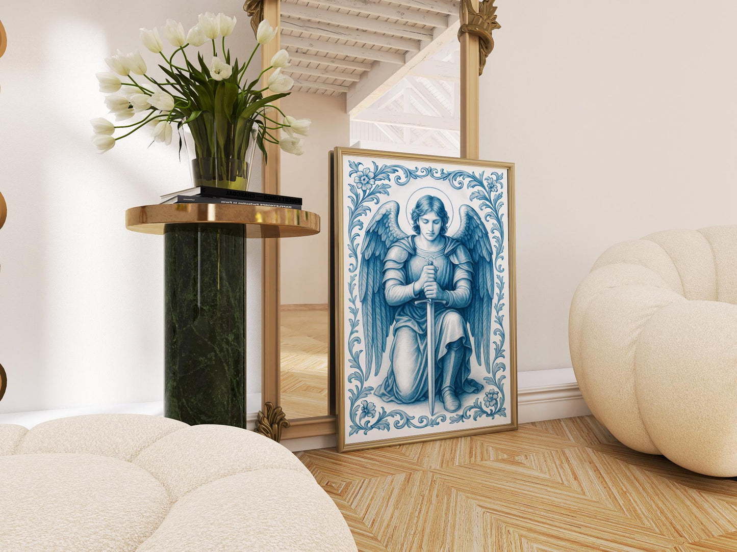 Saint Michael Poster: Catholic Christian Wall Art, Soft Blue Chinoiserie Print