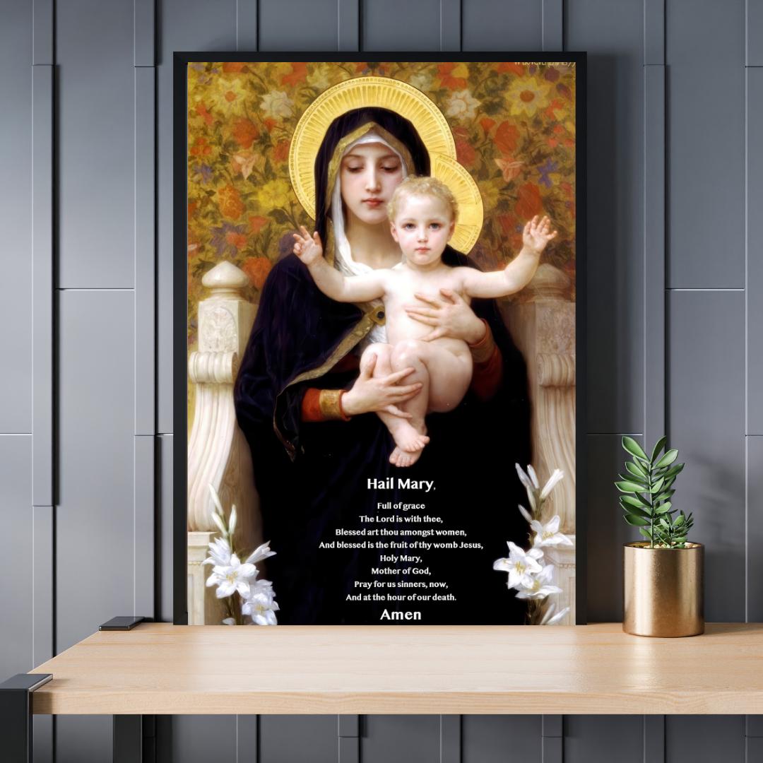 Hail Mary Prayer Art Print: Madonna of the Lilies, Christian Wall Art ⬇️ Digital Download