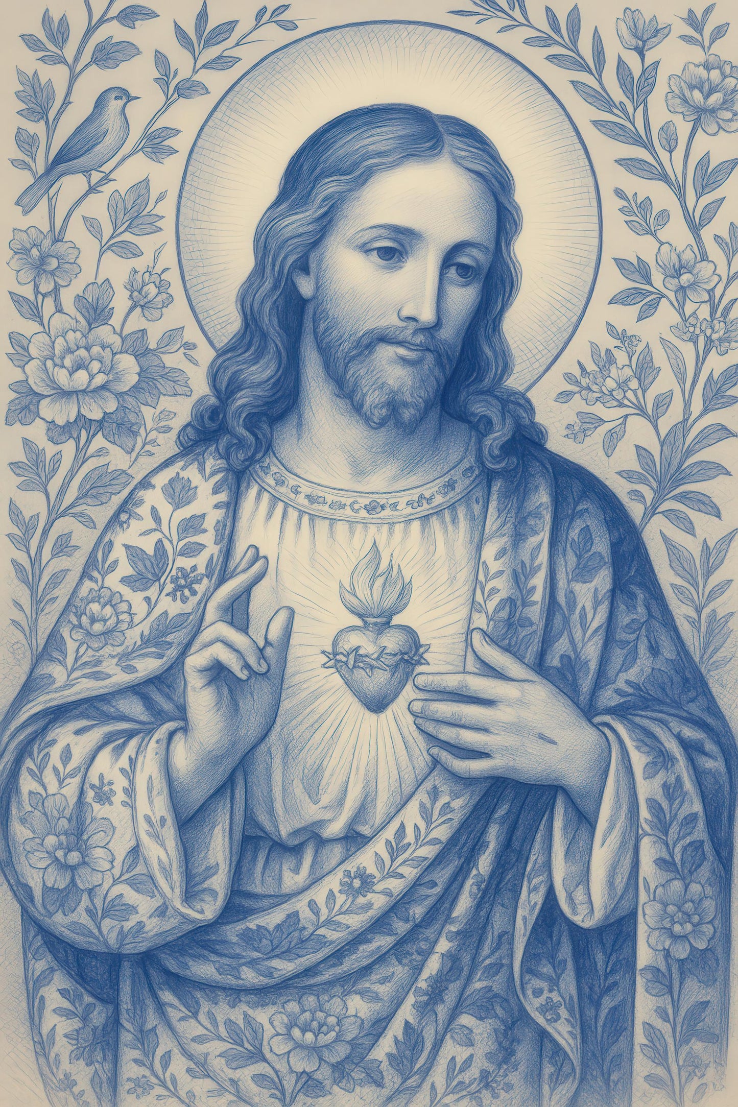 Jesus Christ Art Print: Sacred Heart Chinoiserie Catholic Christian Wall Art, Home Faith Decor ⬇️ Digital Download