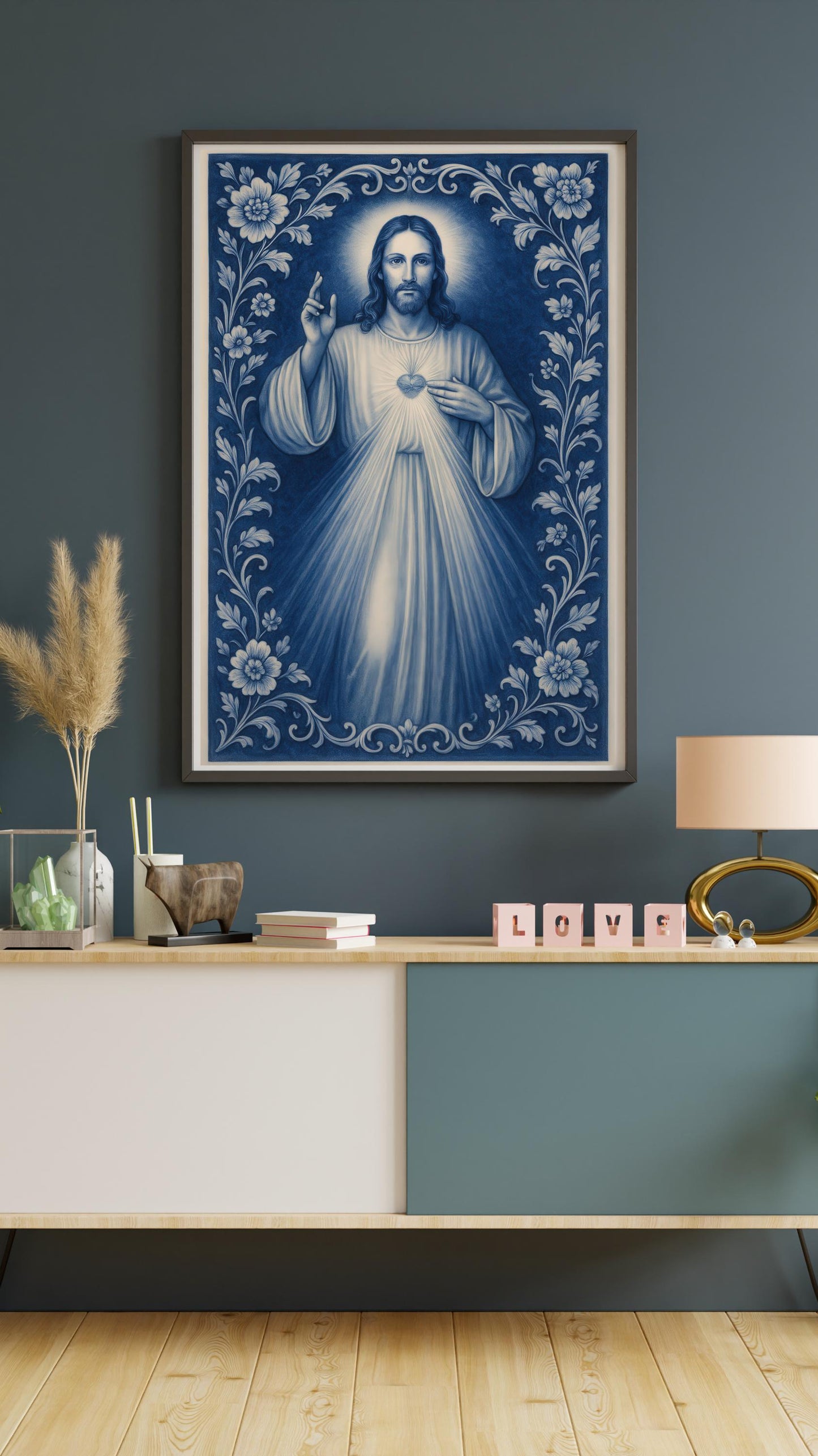 Divine Mercy Print: Blue Chinoiserie Sacred Heart Catholic Christian Wall Art ⬇️ Digital Download