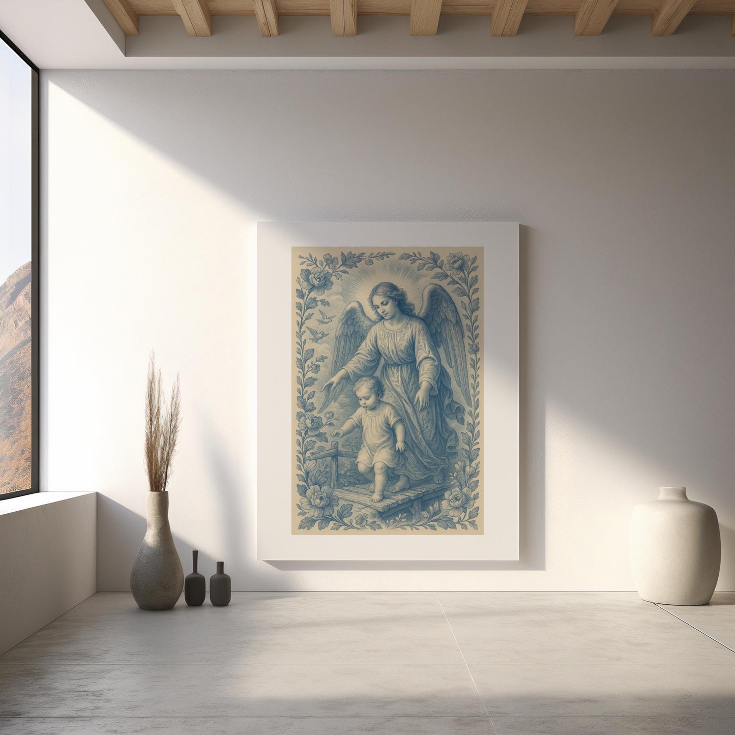 Guardian Angel Poster Art: Blue Chinoiserie Christian Wall Art, Satin Finish, Catholic Christian Family Home Decor, nursery gift
