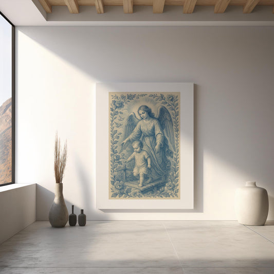 Guardian Angel Poster Art: Blue Chinoiserie Christian Wall Art, Satin Finish, Catholic Christian Family Home Decor, nursery gift