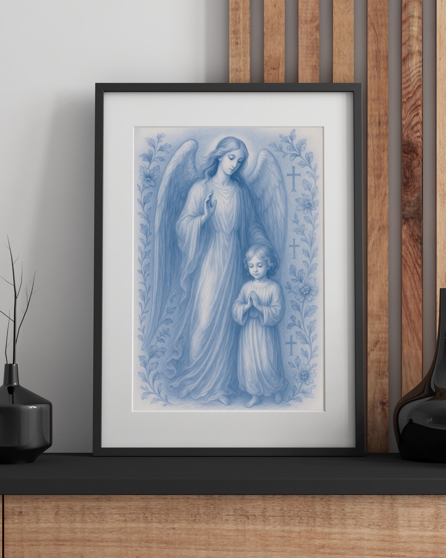 Guardian Angel and Child Chinoiserie Style Digital Print, Blue Nursery Wall Art (Instant Download)