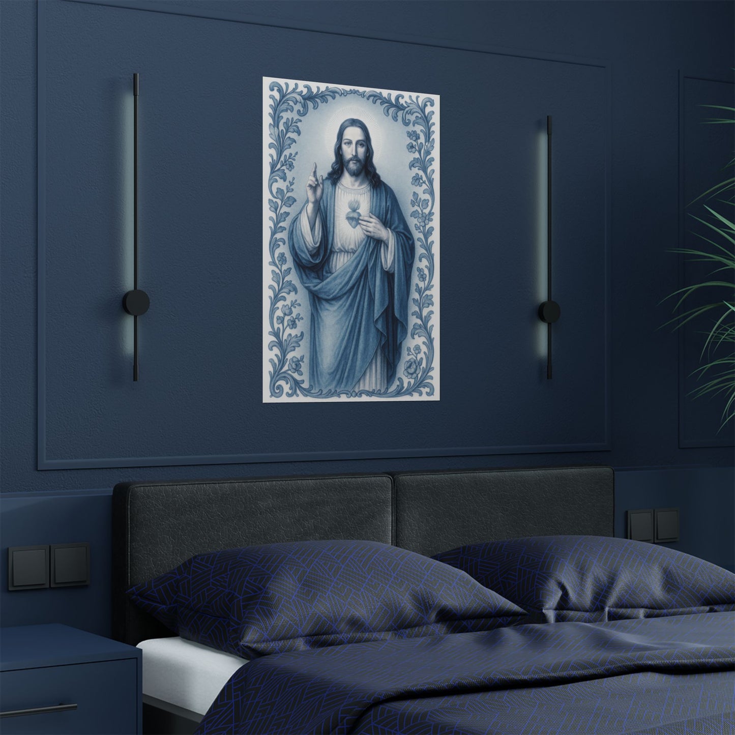 Religious Satin Poster, Jesus Christ Catholic Christian Decor, Soft Blue Chinoiserie Wall Art Print - Satin Poster, Christian Wall Art,