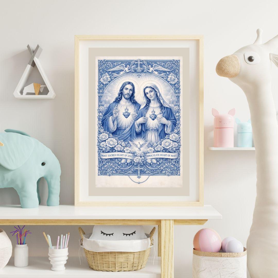 Blue & White Chinoiserie Catholic Wall Art: Sacred Religious Print, Delft Style Christian Poster, Vintage Devotional ⬇️ Digital Download