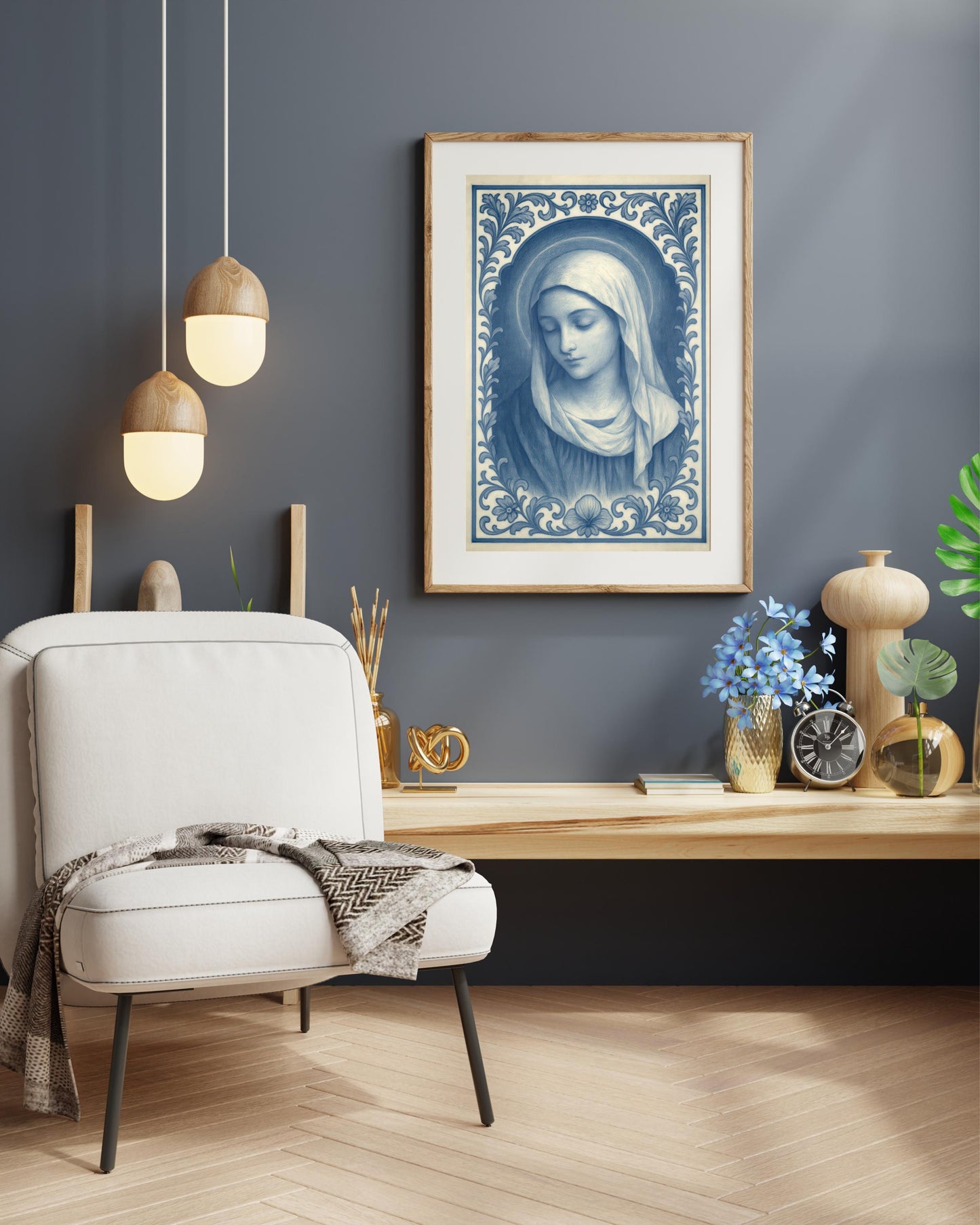 Virgin Mary Chinoiserie Art Print: Blue & White Catholic Christian Wall Art Decor ⬇️ Digital Download