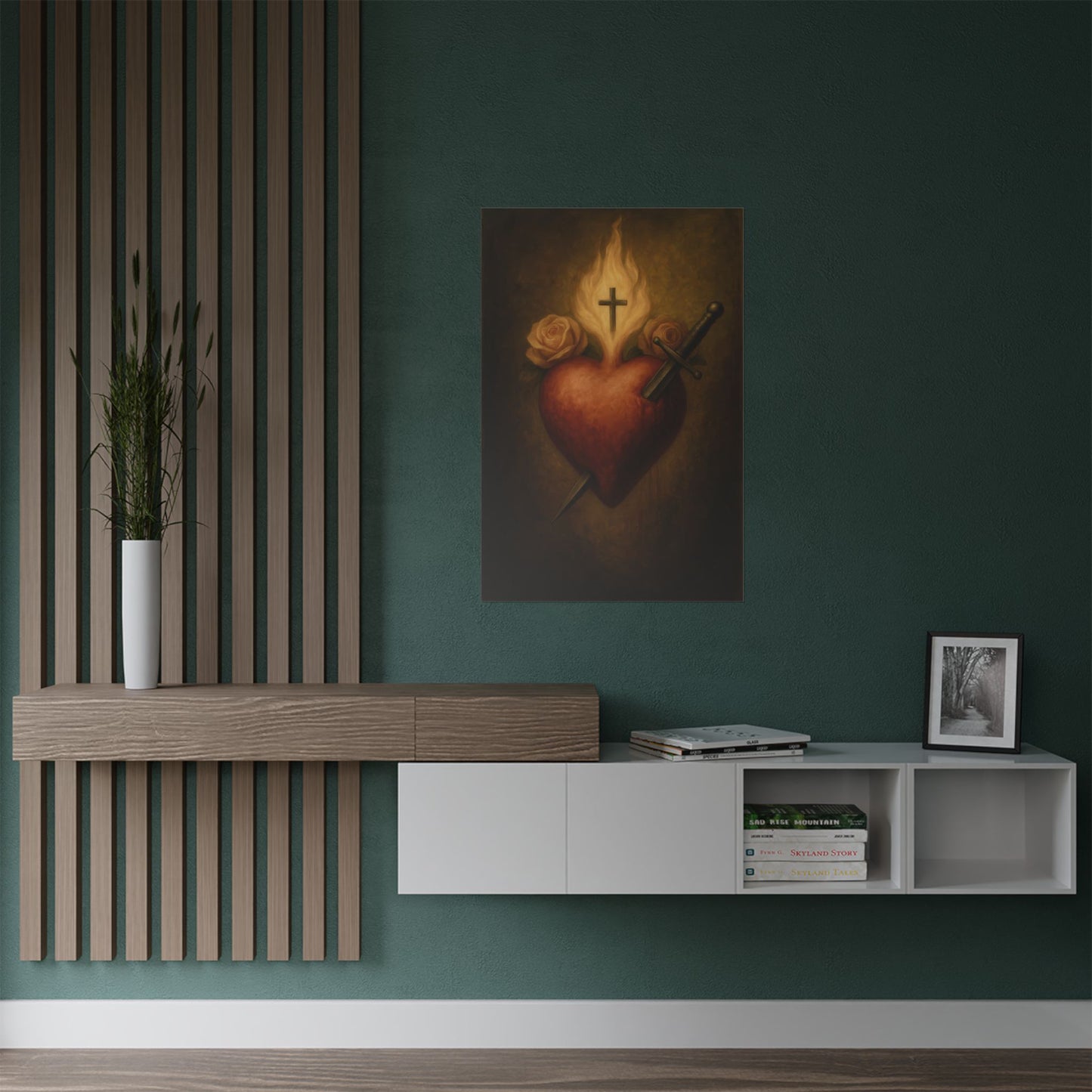 Poster, Immaculate Heart of Virgin Mary Traditional Print Catholic Wall Decor, Sacred Symbol With Roses and Dagger, Virgin Mary Art, Satin
