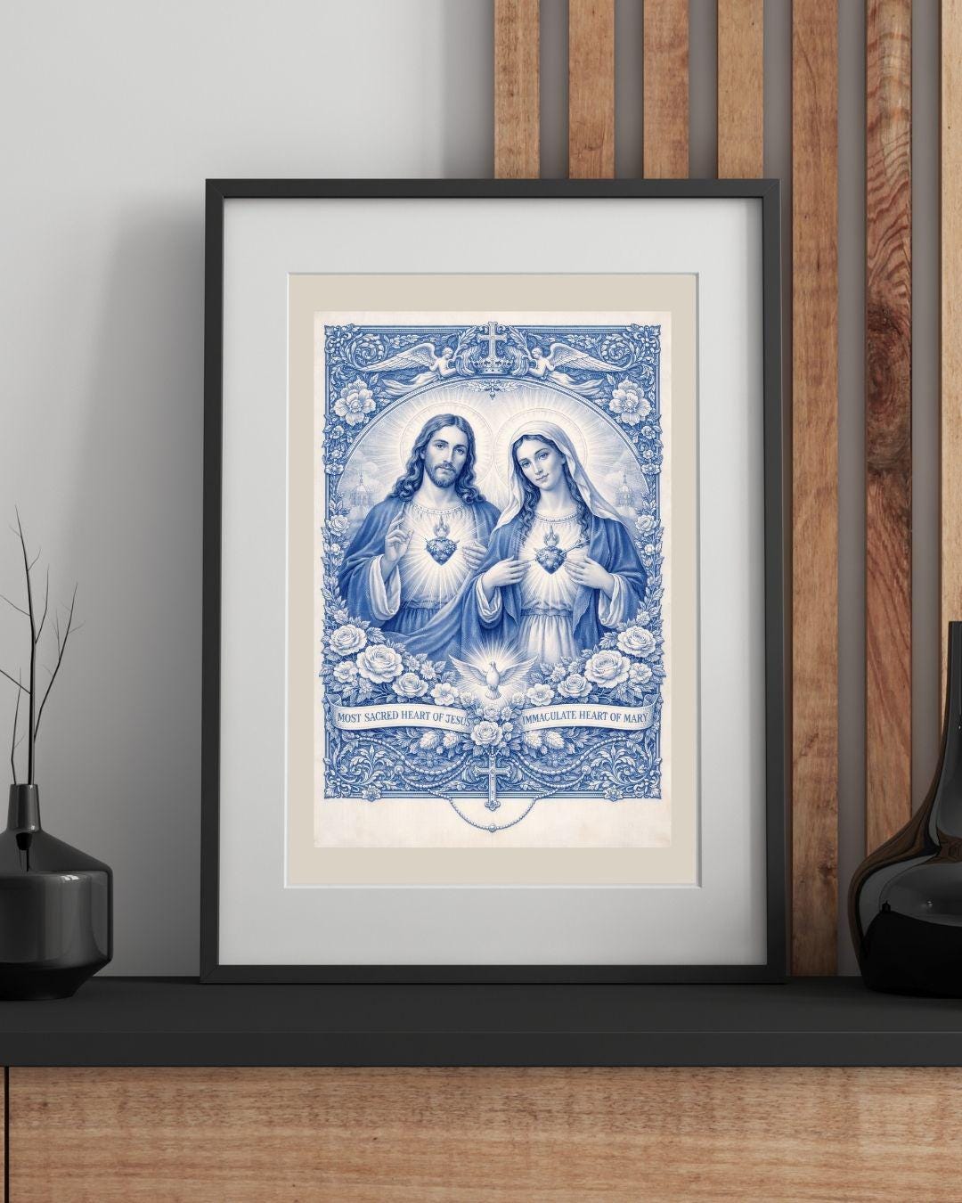 Impression Sacrés Cœurs de Jésus et Marie | Art catholique Chinoiserie bleue (Téléchargement numérique)